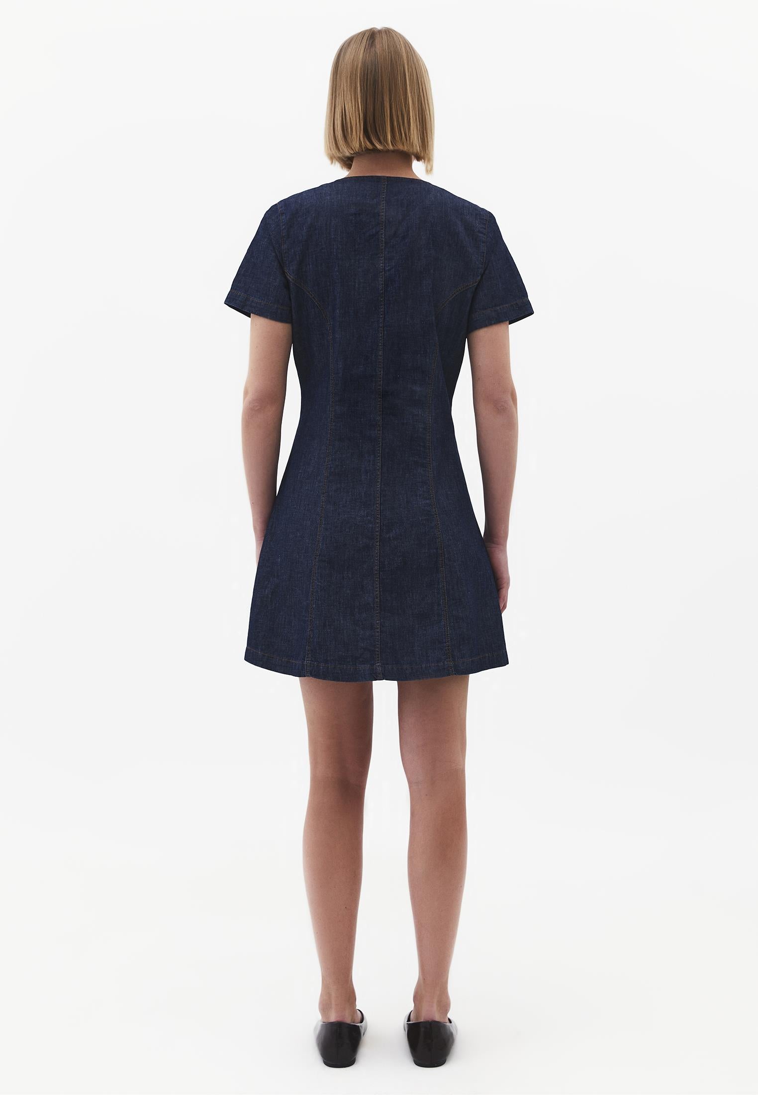 A-Line Short Sleeve V-Neck Button Detail Dress - DARK BLUE