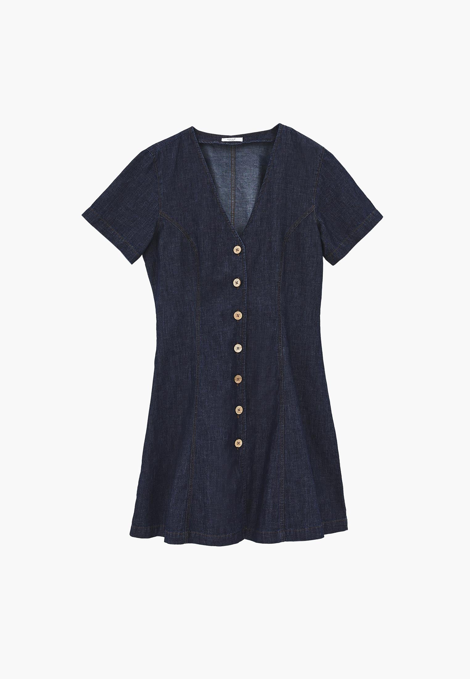A-Line Short Sleeve V-Neck Button Detail Dress - DARK BLUE