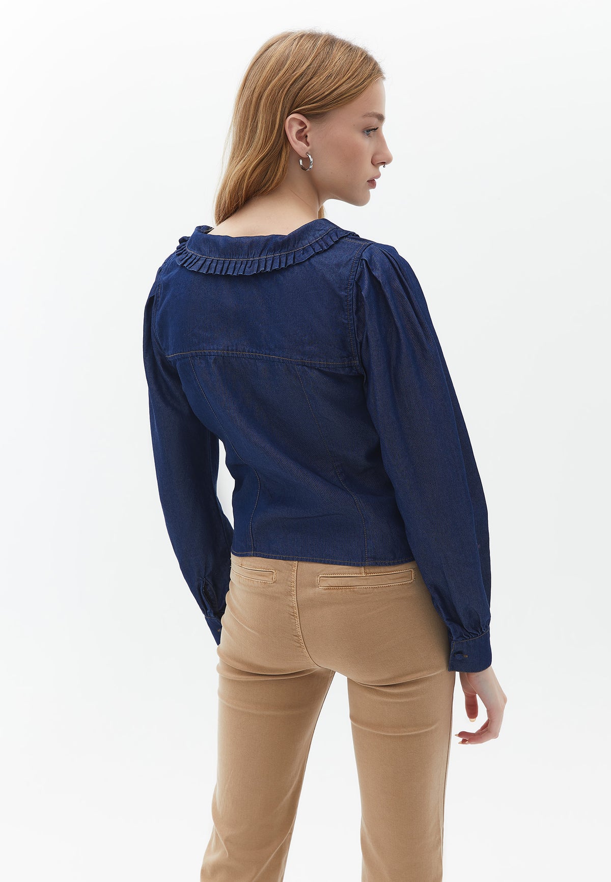 Deep Neck Ruffled Long Sleeve Blouse - DARK DENIM