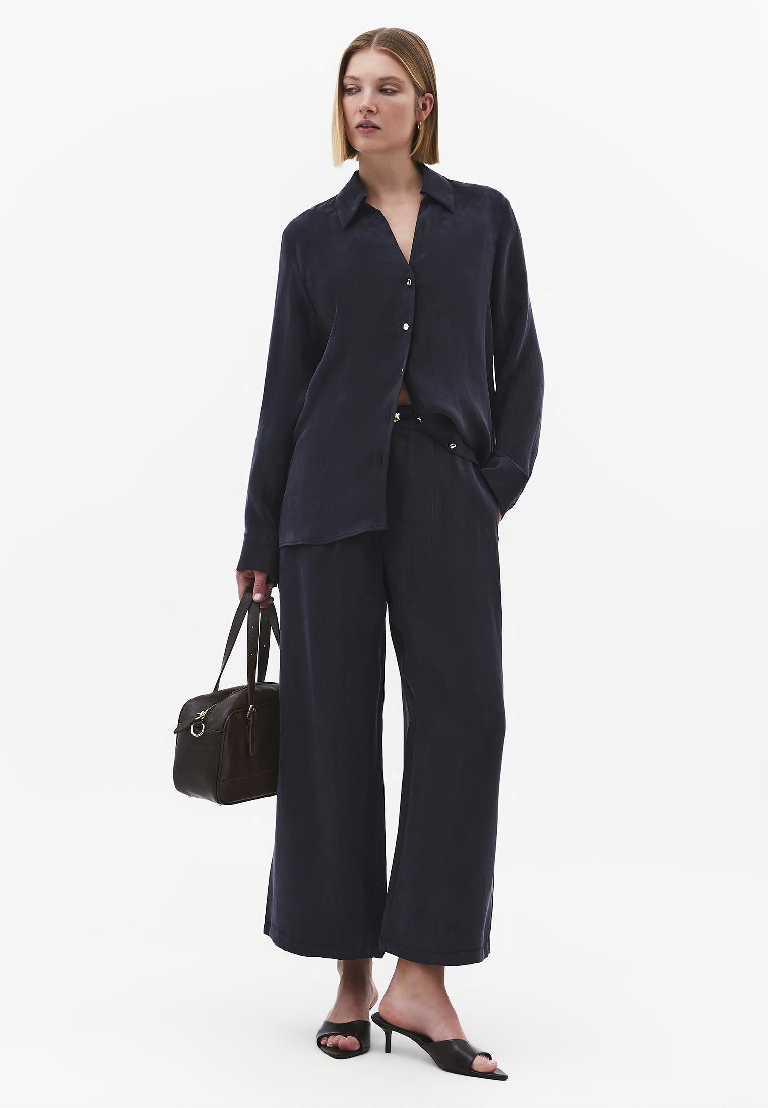 Ultra High Waist Straight Pants With Button Detail - DARK NAVY