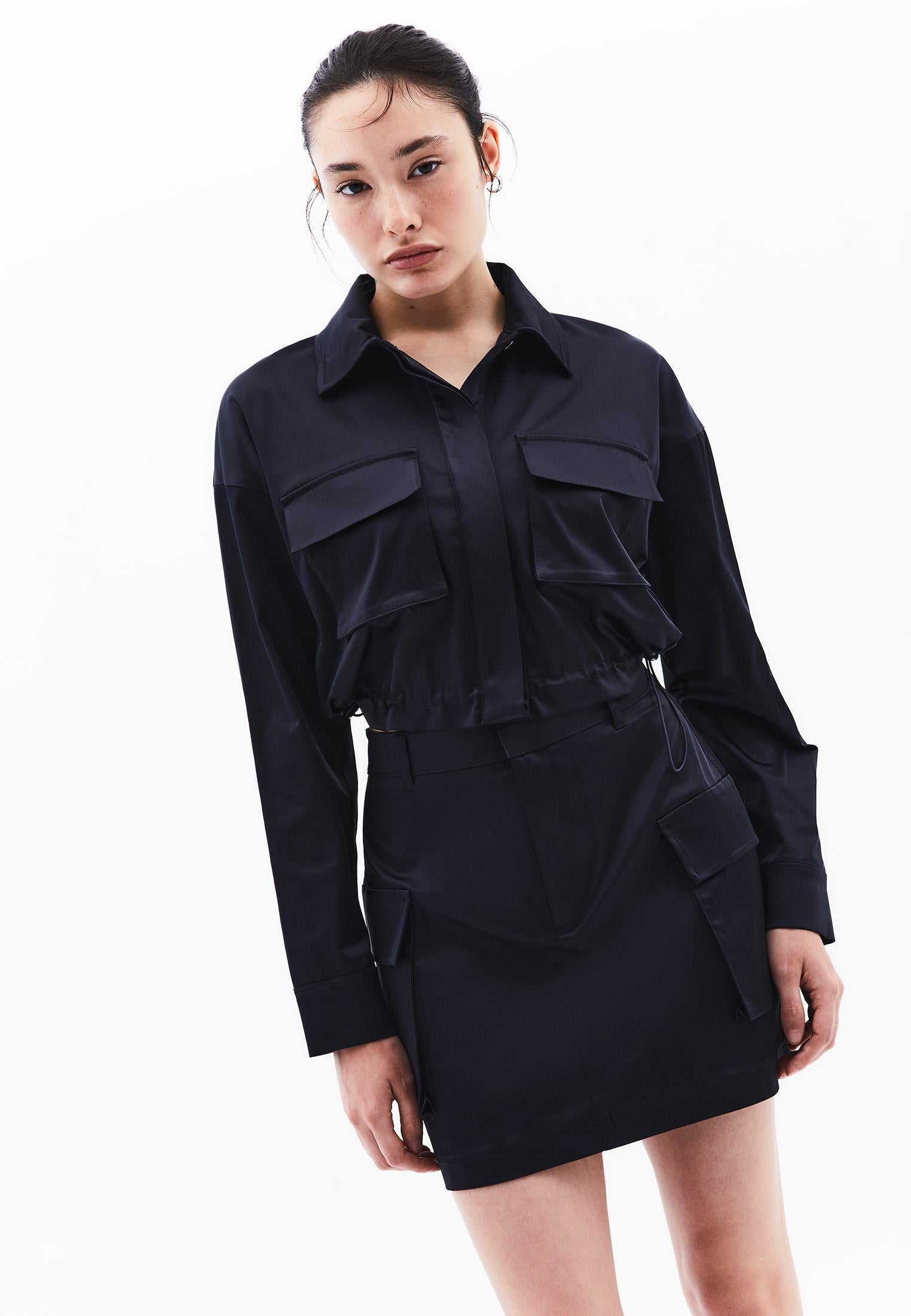 Oversize Pocket Detailed Cropped Shirt - DARK NAVY