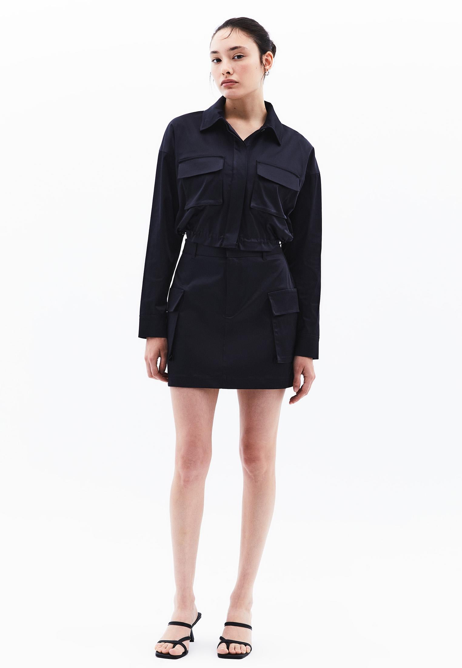 Oversize Pocket Detailed Cropped Shirt - DARK NAVY
