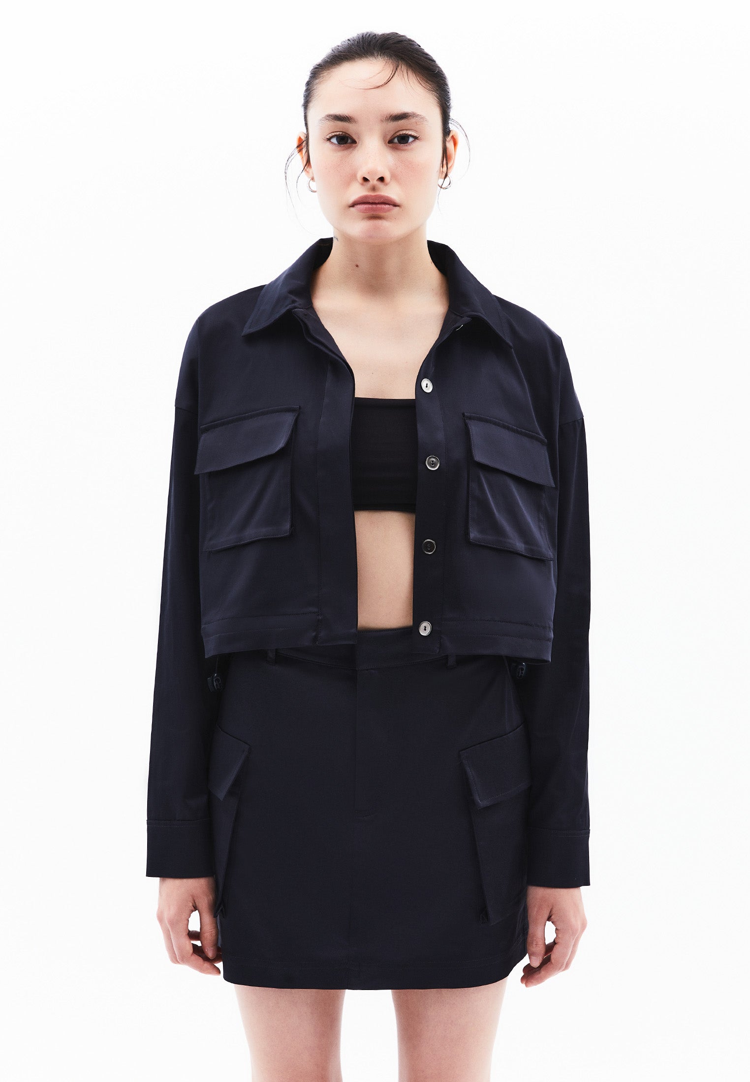 Oversize Pocket Detailed Cropped Shirt - DARK NAVY