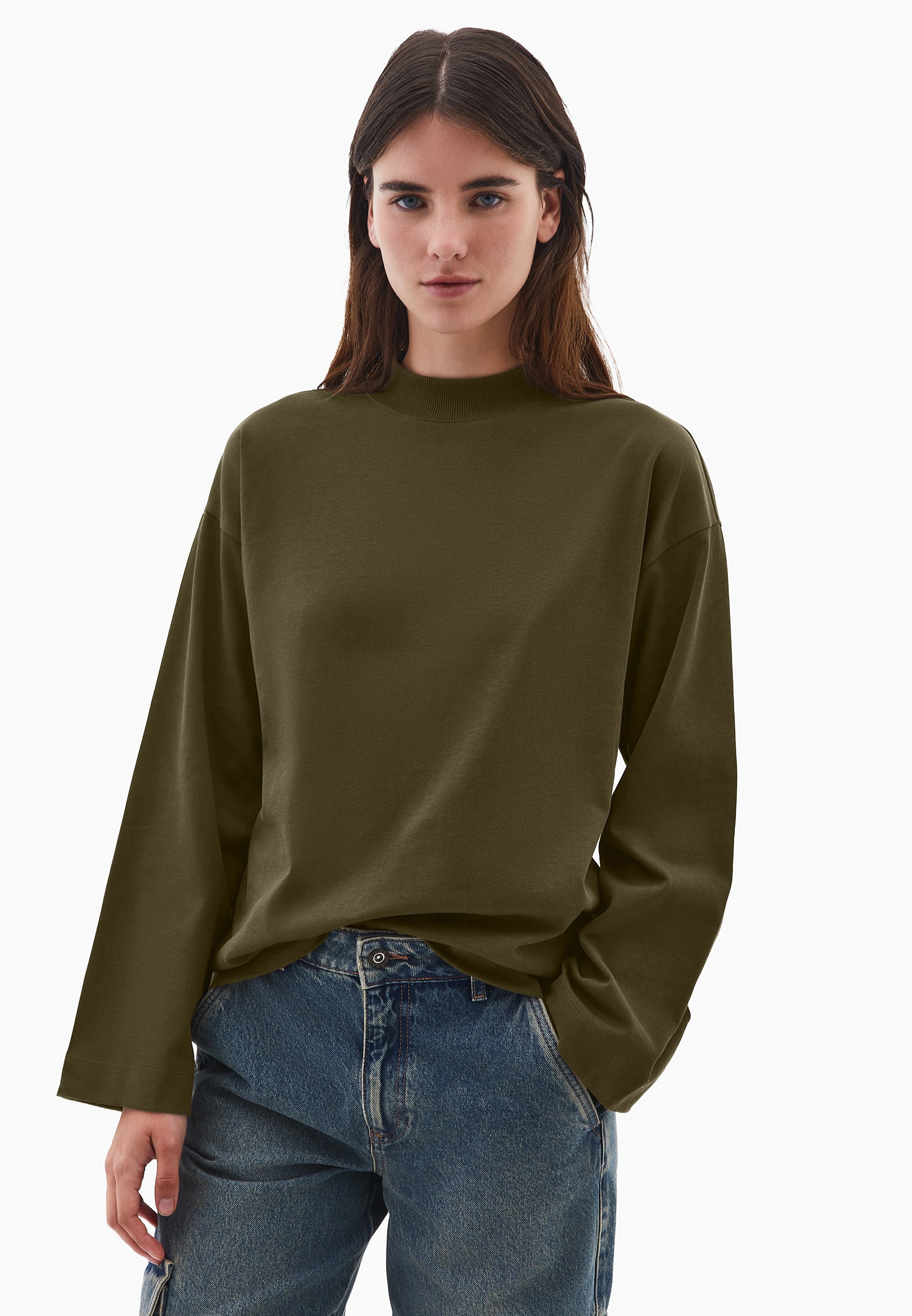 High Neck Oversize T-Shirt - DARK OLIVE