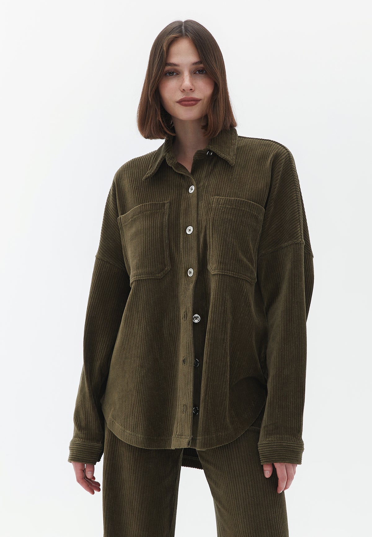 Oversize Long Sleeve Shirt With Pocket Detail - DARK OLIVE