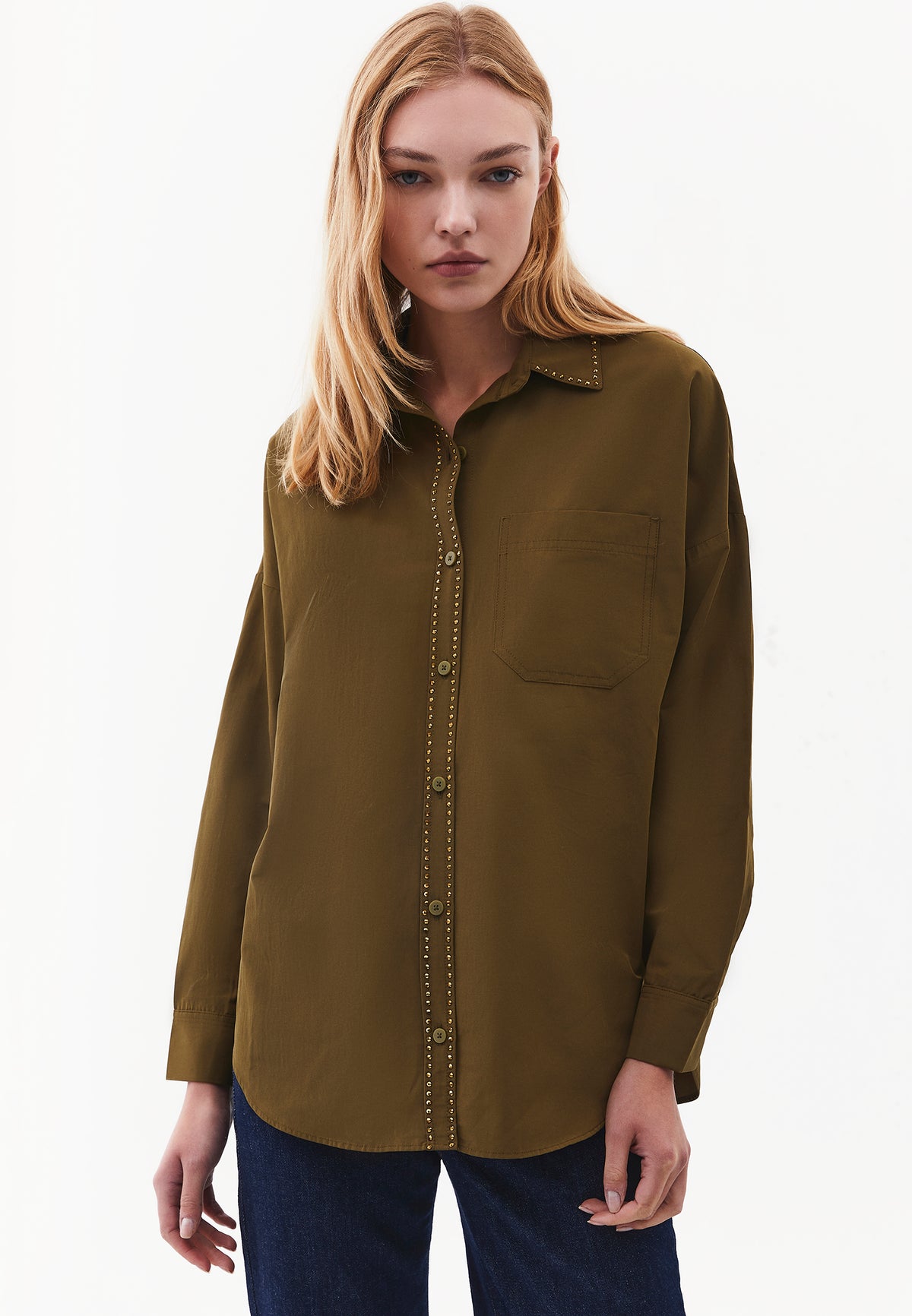 Oversize Shirt with Stone Embellishments and Long Sleeves - DARK OLIVE