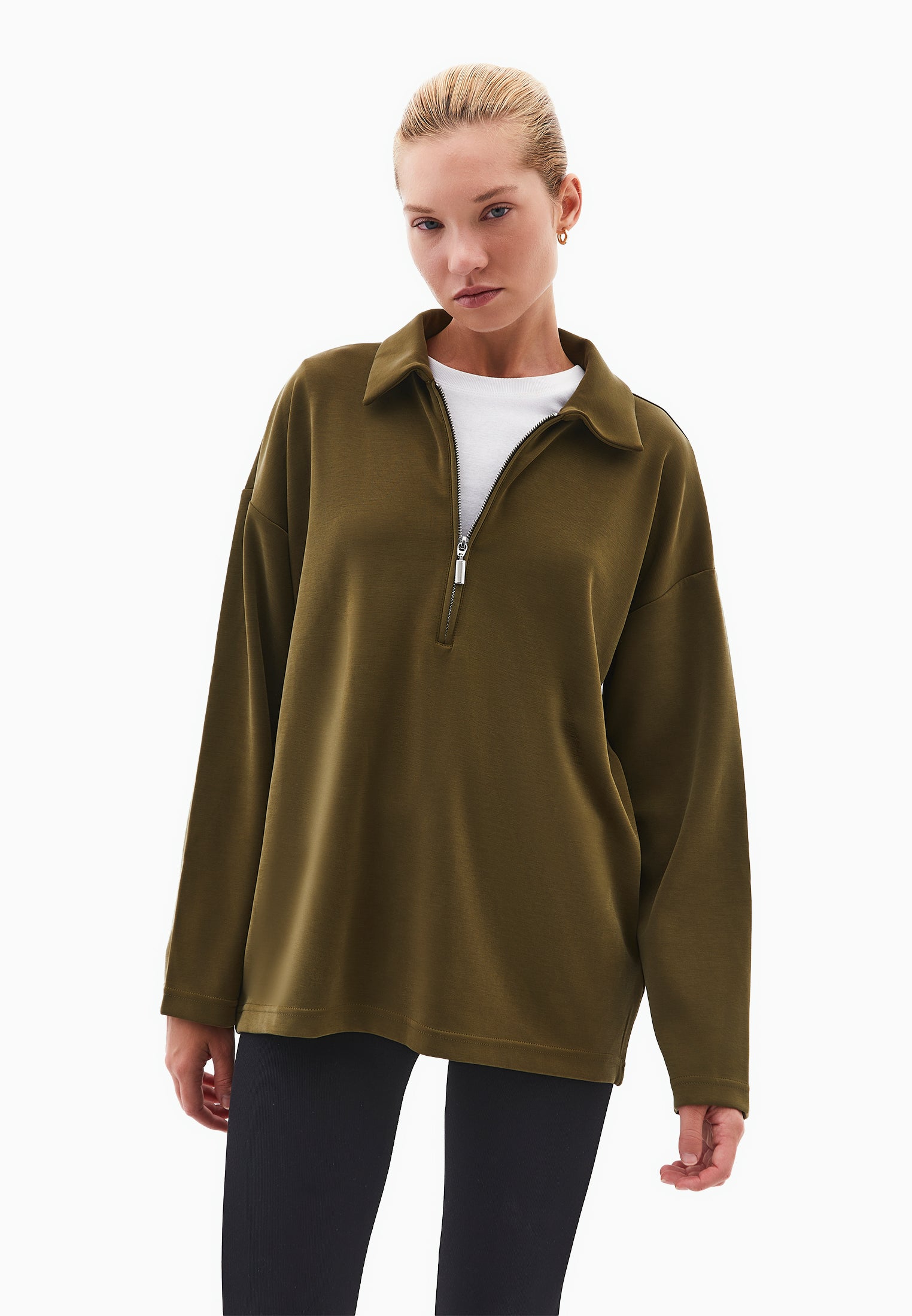 Polo Neck Oversize Sweatshirt - DARK OLIVE