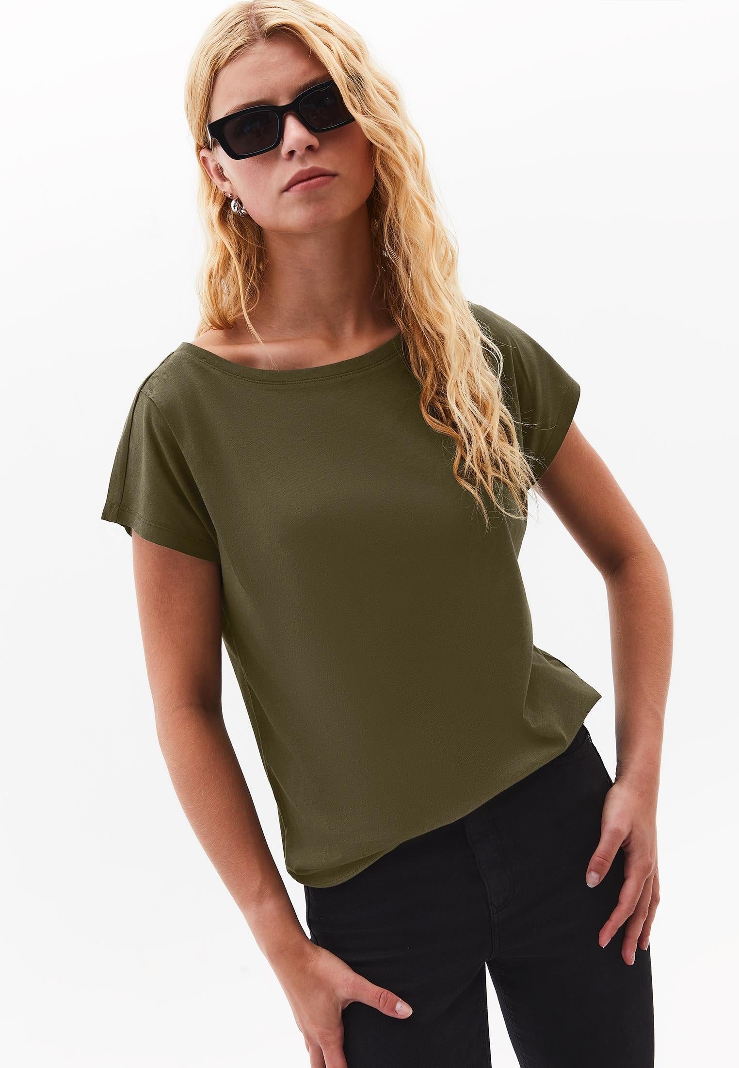 Boat Neck Short Sleeve T-Shirt - DARK OLIVE