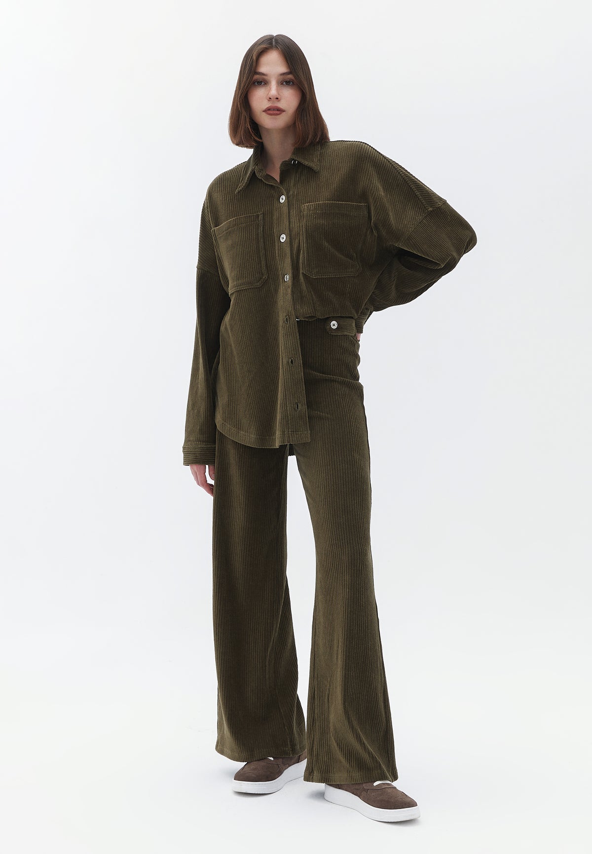 Oversize Long Sleeve Shirt With Pocket Detail - DARK OLIVE