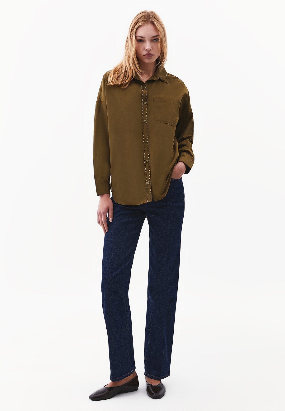 Oversize Shirt with Stone Embellishments and Long Sleeves - DARK OLIVE