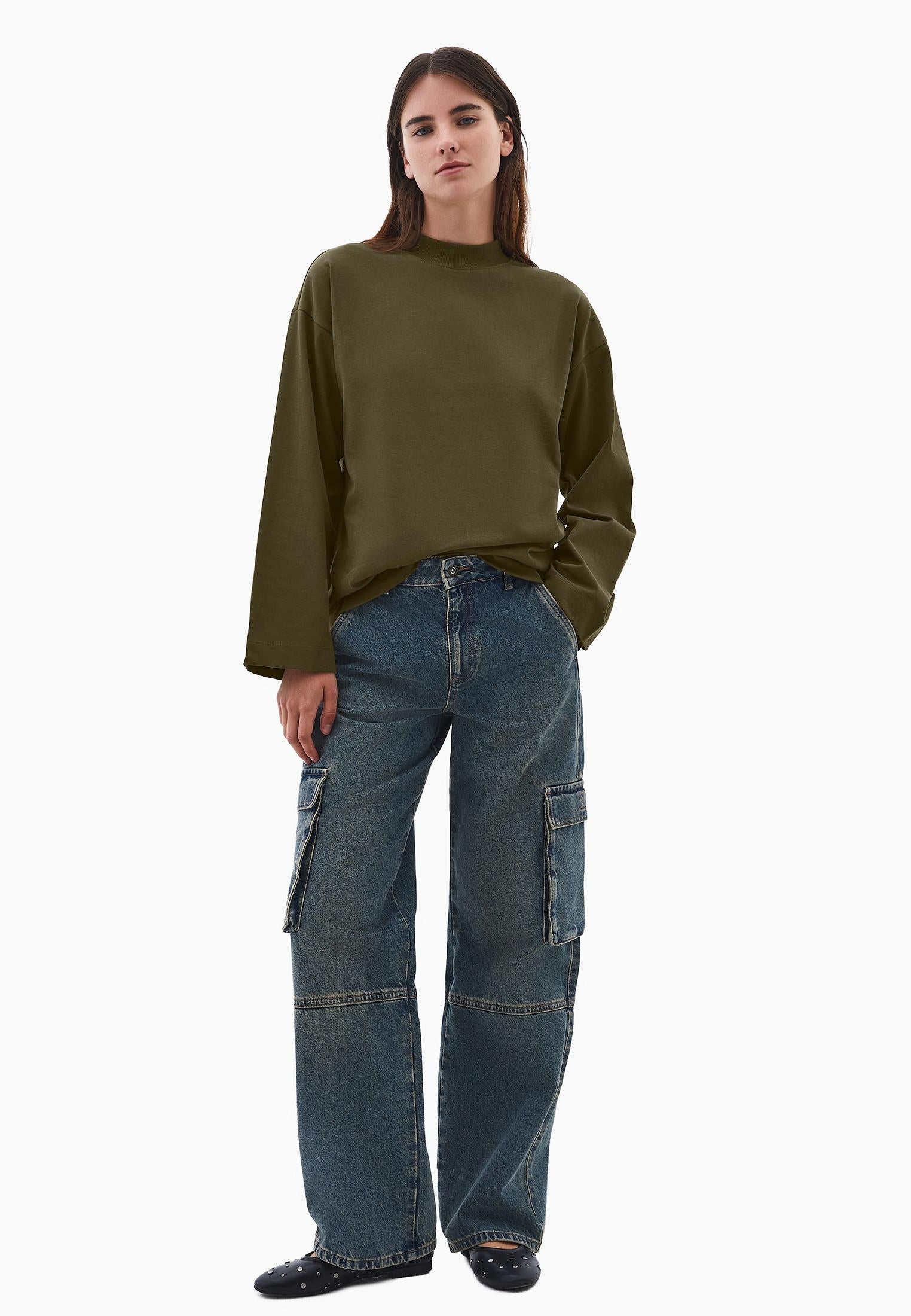 High Neck Oversize T-Shirt - DARK OLIVE