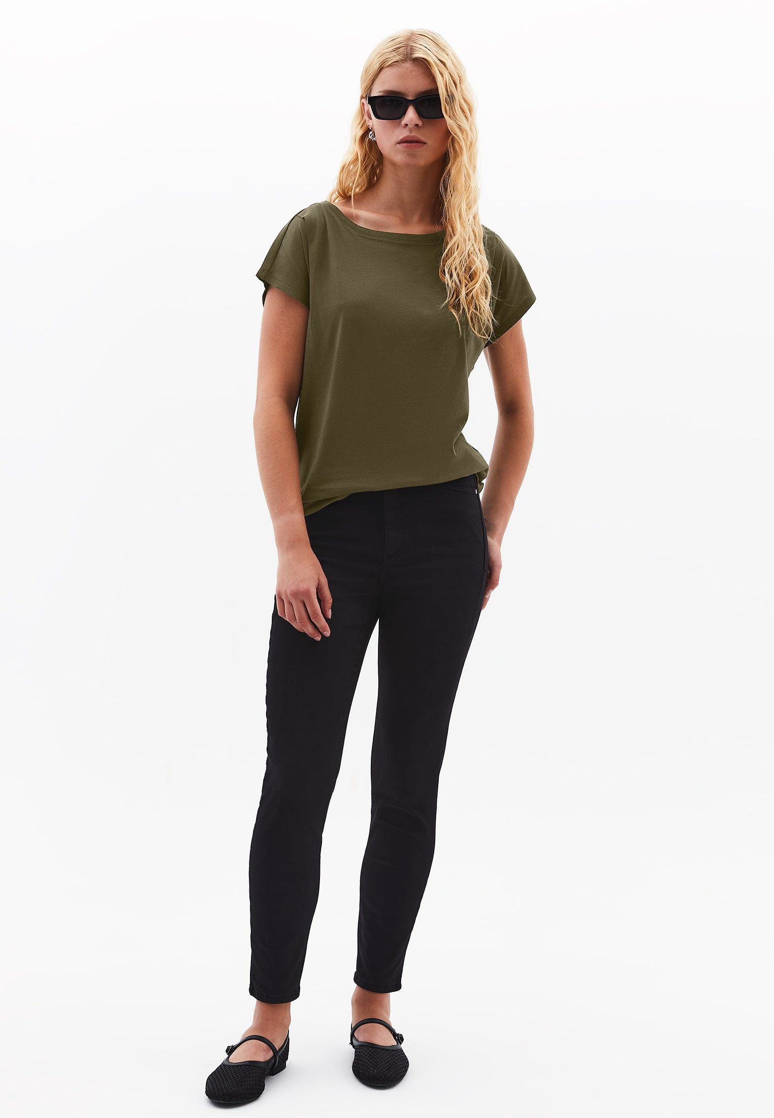Boat Neck Short Sleeve T-Shirt - DARK OLIVE