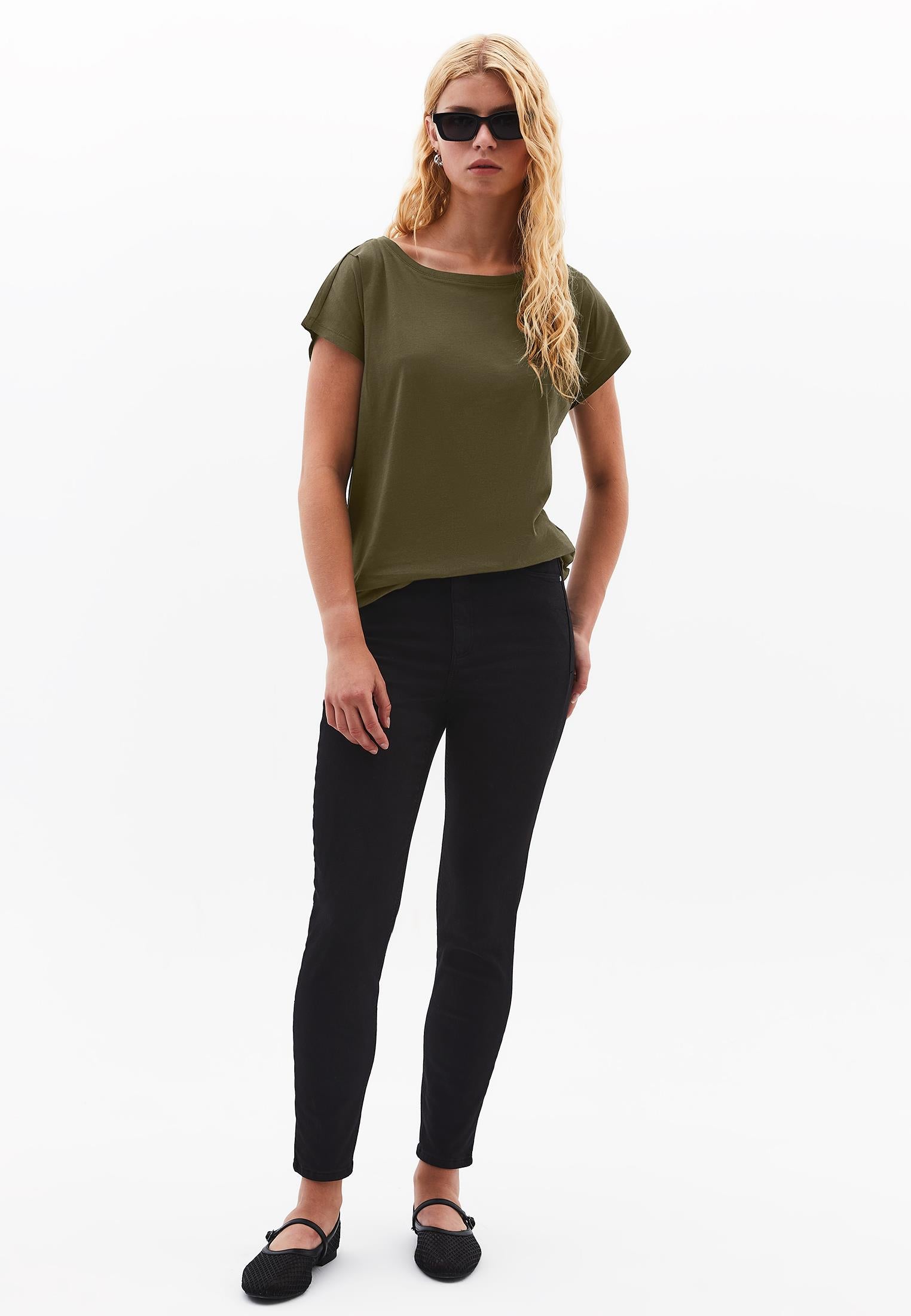 Boat Neck Short Sleeve T-Shirt - DARK OLIVE