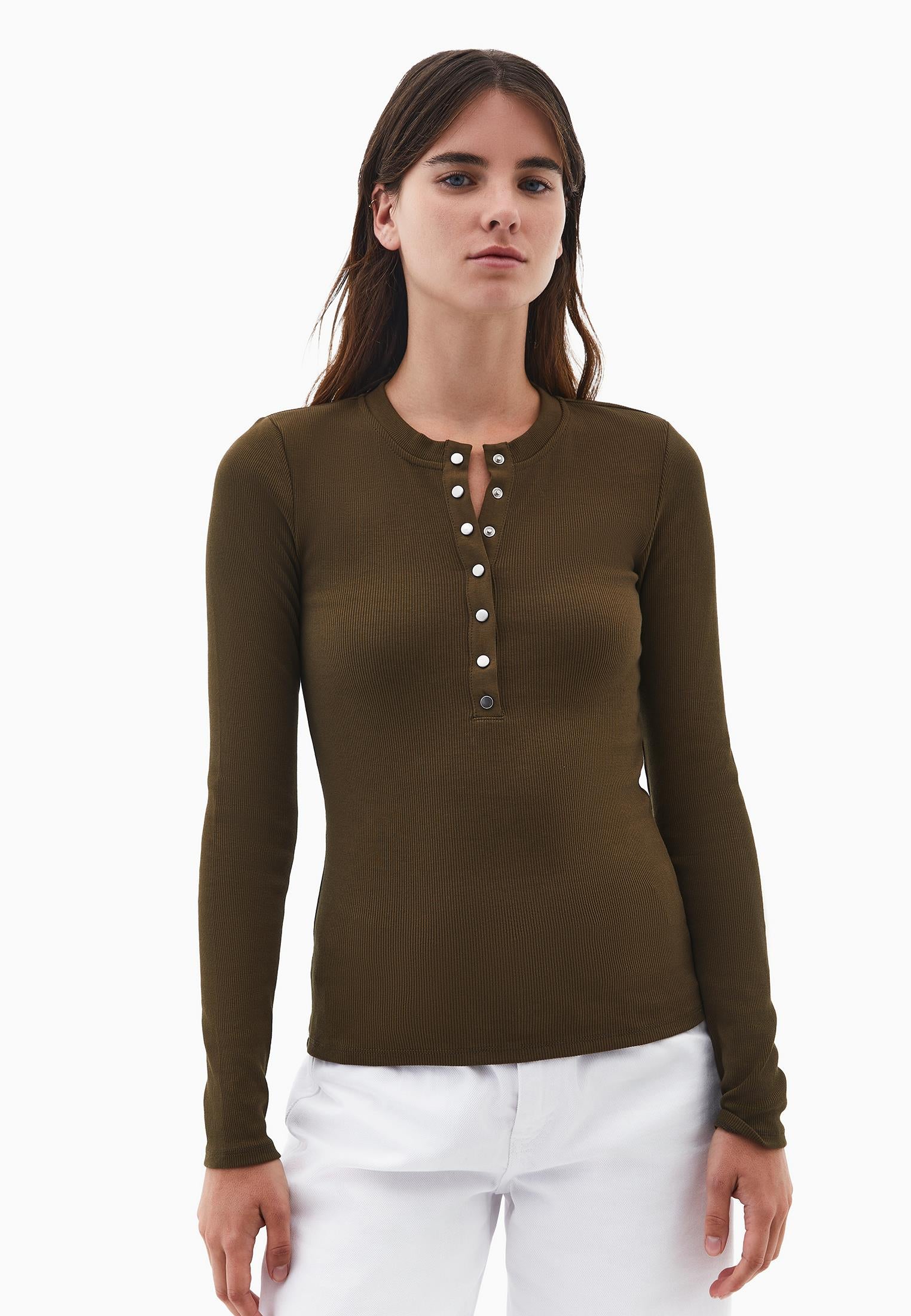 Long Sleeve Crew Neck Bodycon T-Shirt - DARK OLIVE