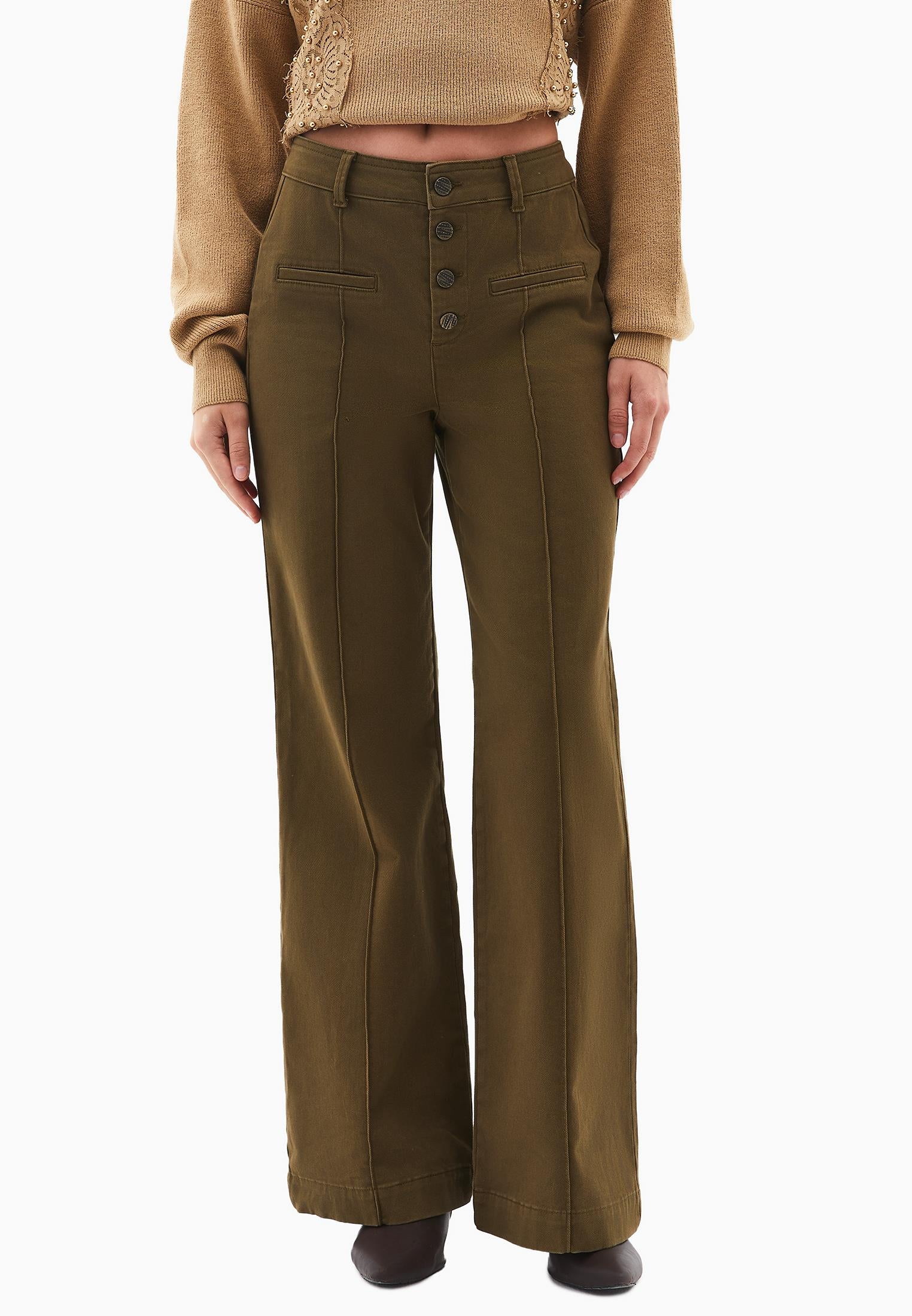 High Waist Pants With Button Details - DARK OLIVE