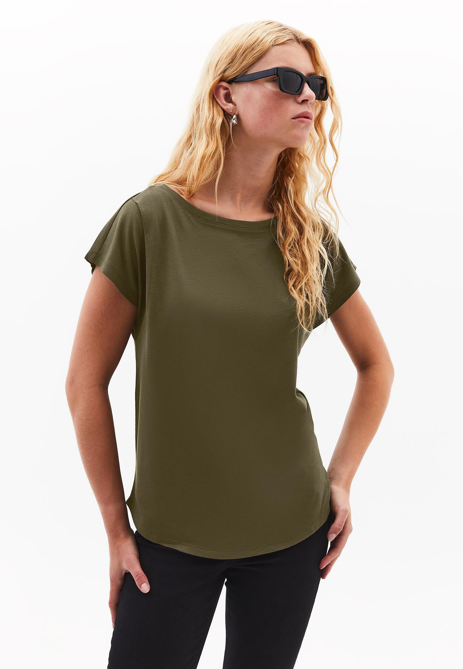 Boat Neck Short Sleeve T-Shirt - DARK OLIVE