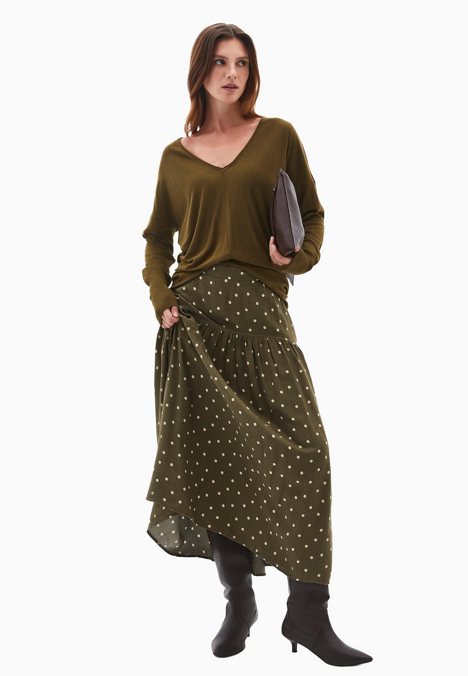 V Neck Long Sleeve Sweater - DARK OLIVE