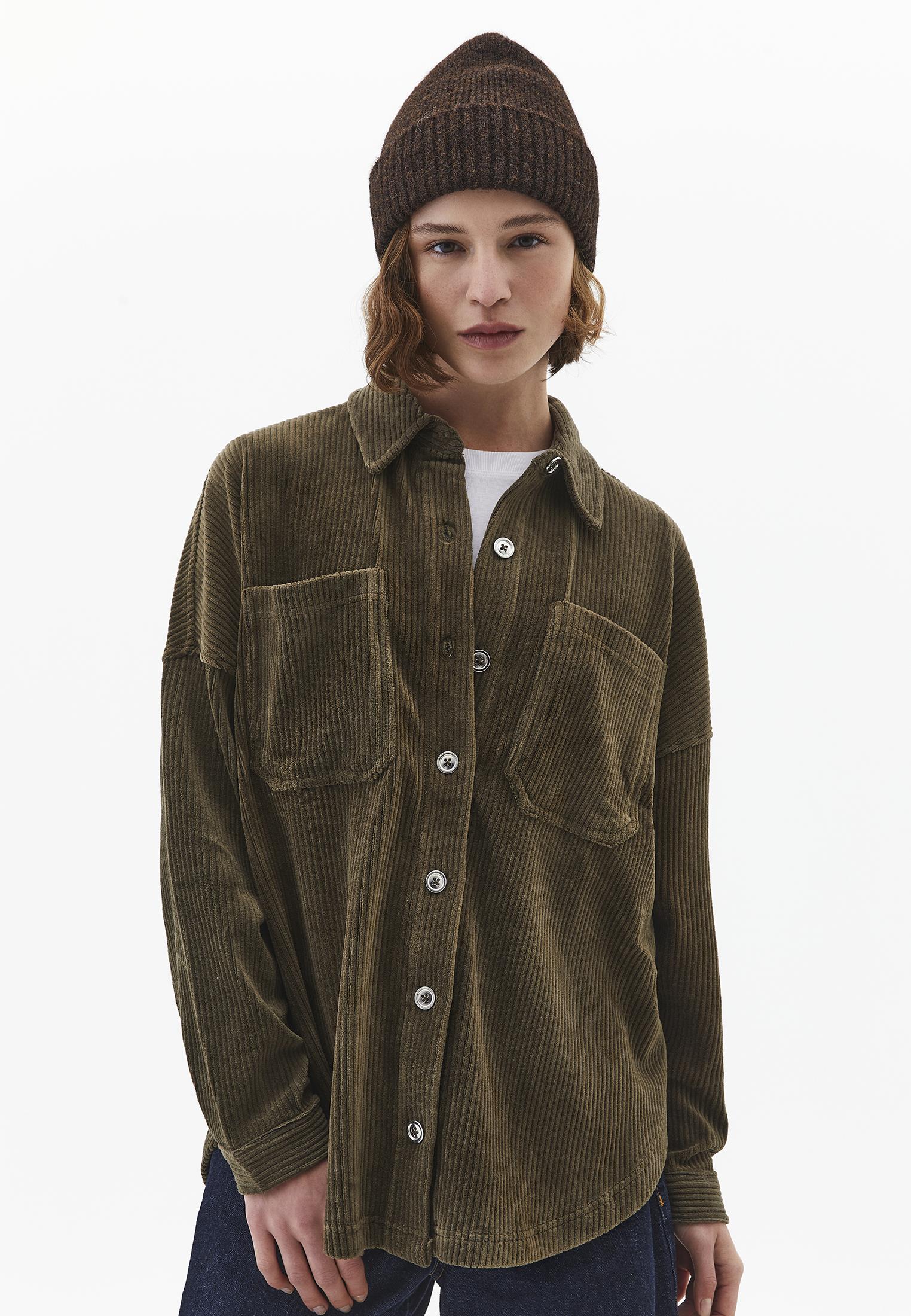 Oversize Pocket Detailed Ribbed Shirt - DARK OLIVE