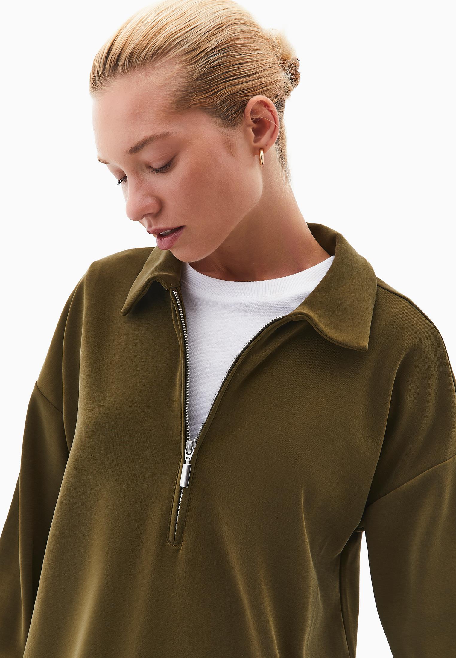 Polo Neck Oversize Sweatshirt - DARK OLIVE