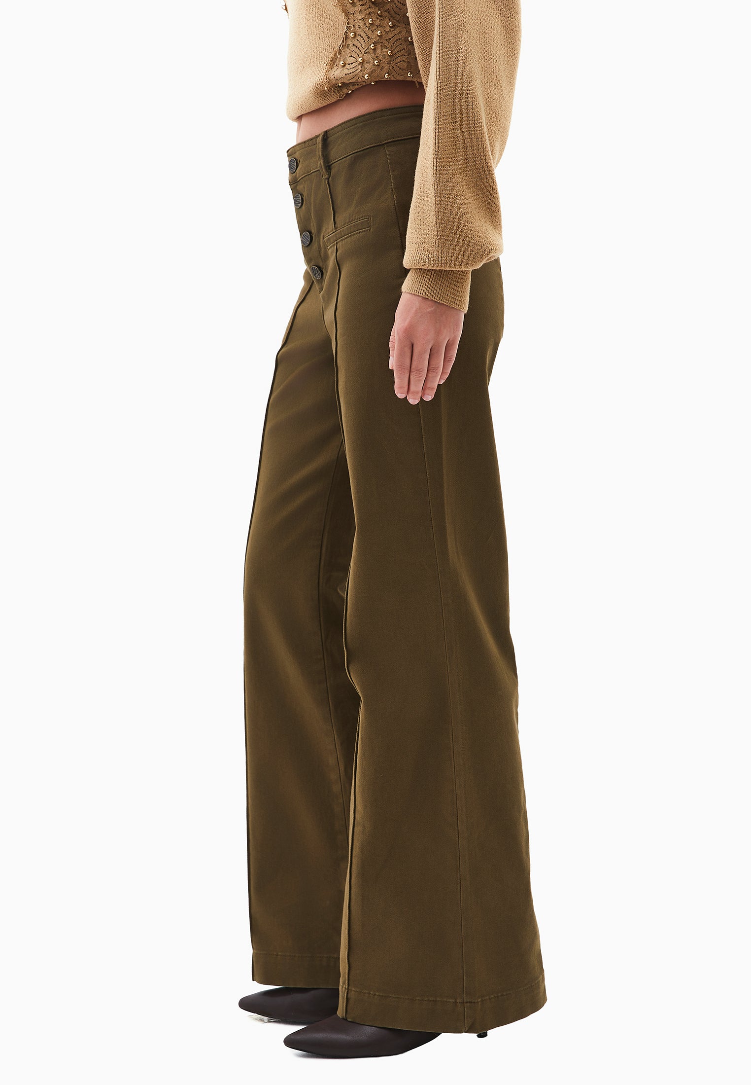 High Waist Pants With Button Details - DARK OLIVE