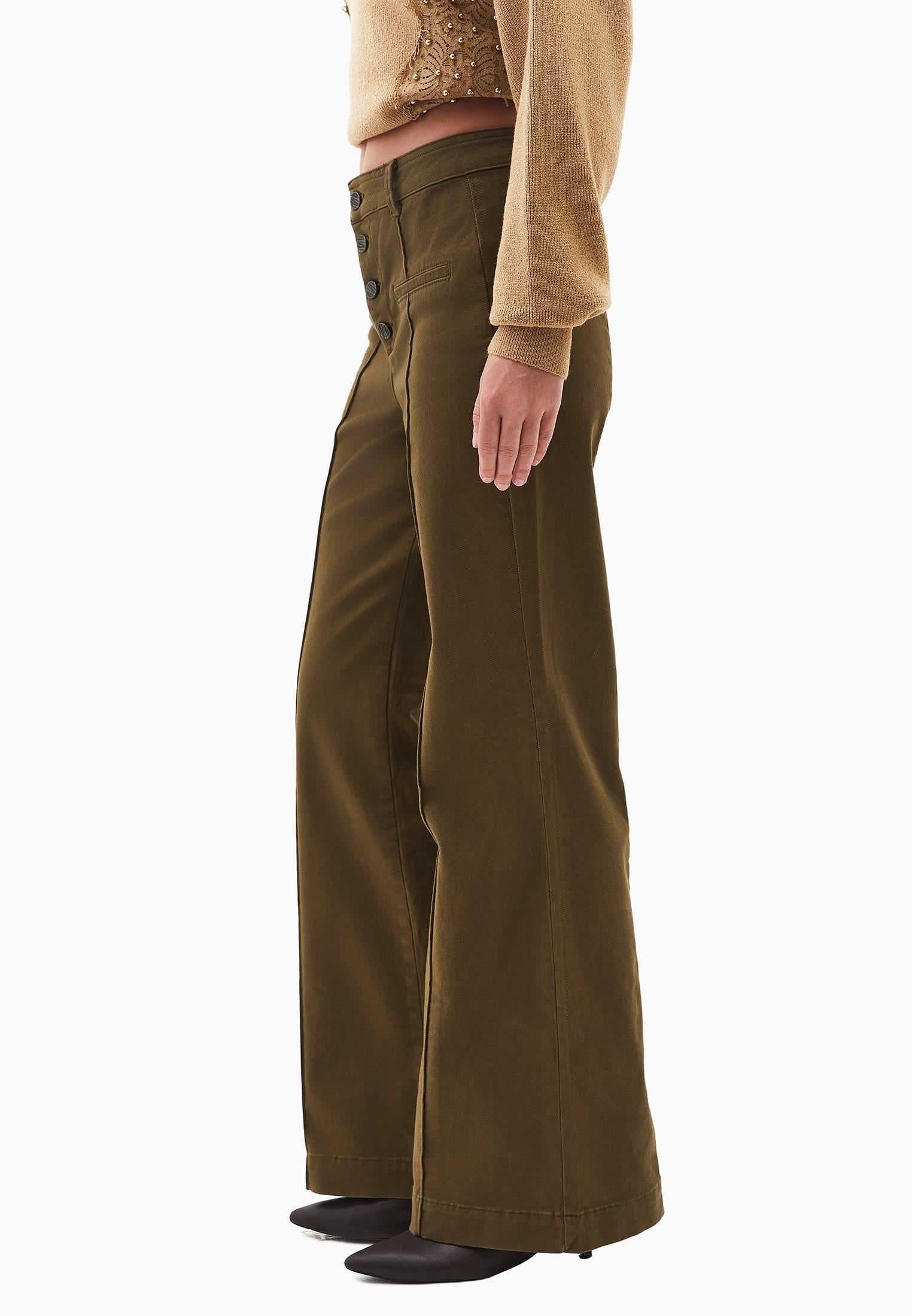 High Waist Pants With Button Details - DARK OLIVE