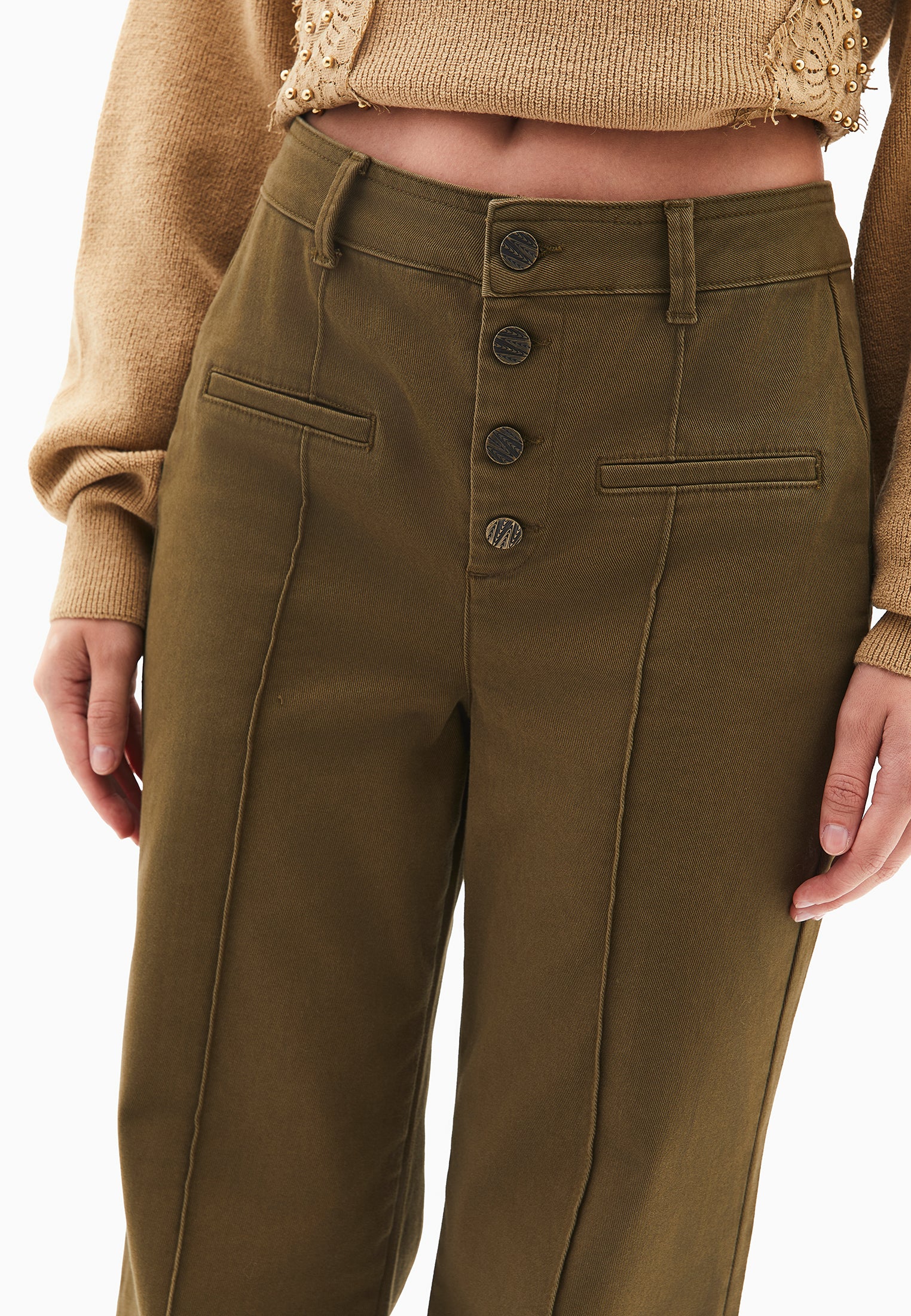 High Waist Pants With Button Details - DARK OLIVE