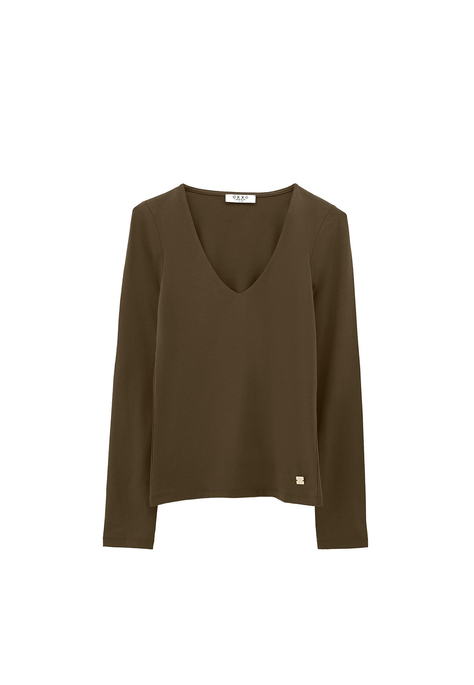 V Neck Long Sleeve T-Shirt - DARK OLIVE