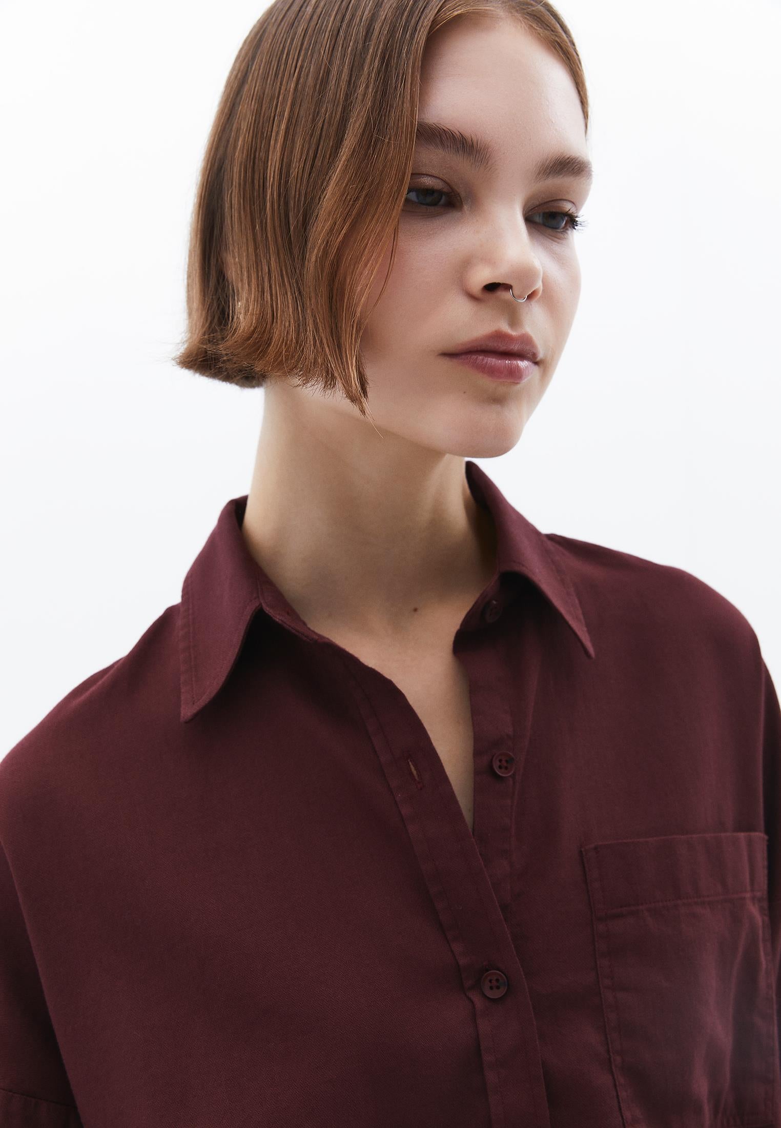 Shirt Collar Buttoned Oversize Long Sleeve Shirt - DECADENT CHOCOLATE