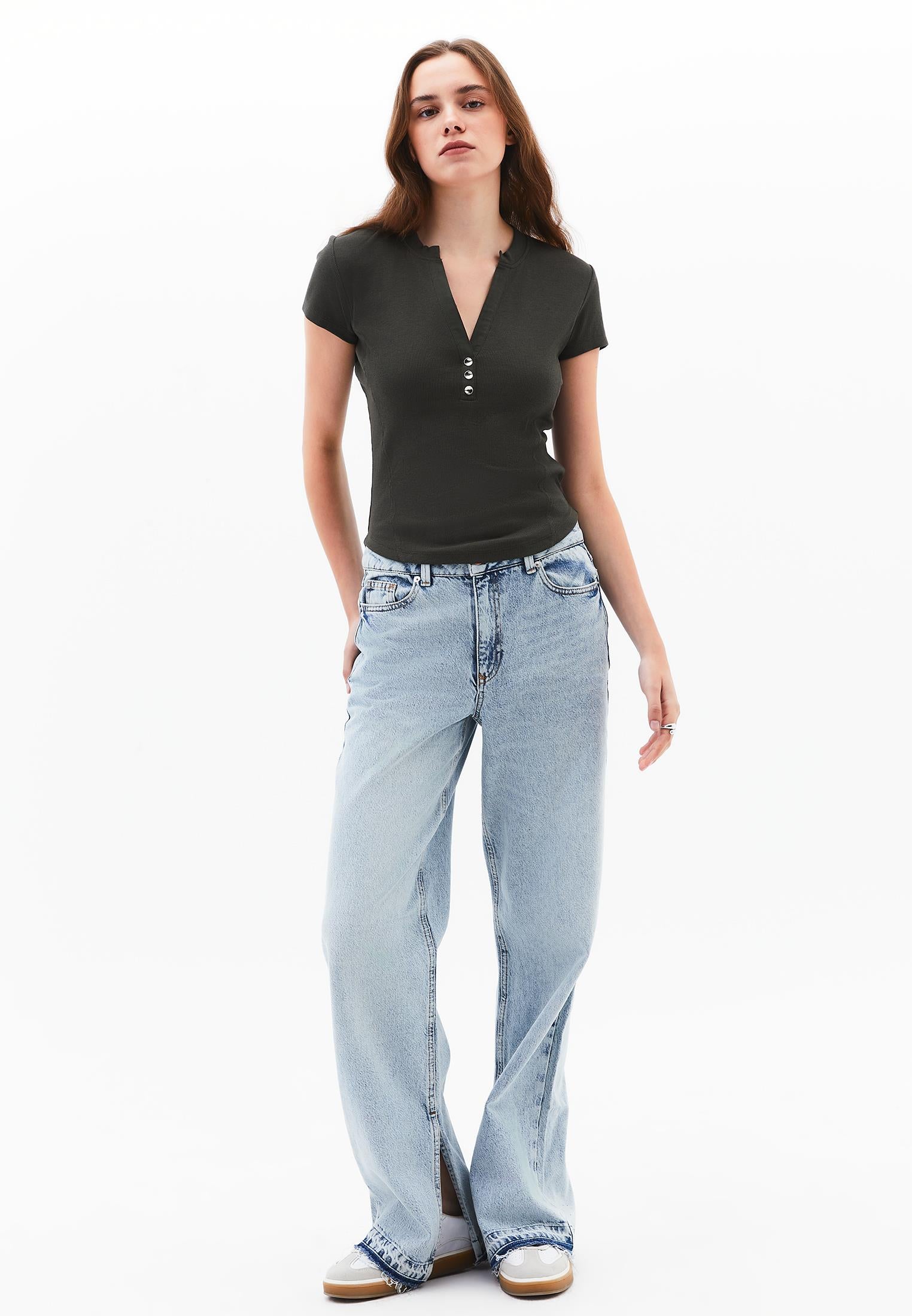 Short Sleeve T-Shirt With Button Detail - DEEP DEPTHS