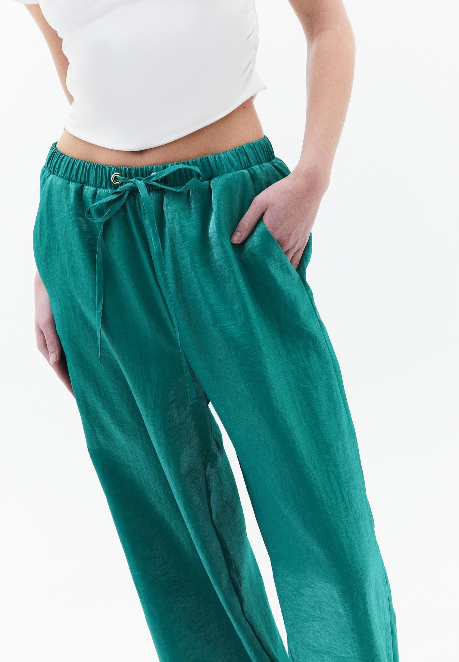 Wide Leg Shiny Pants - DEEP SEA