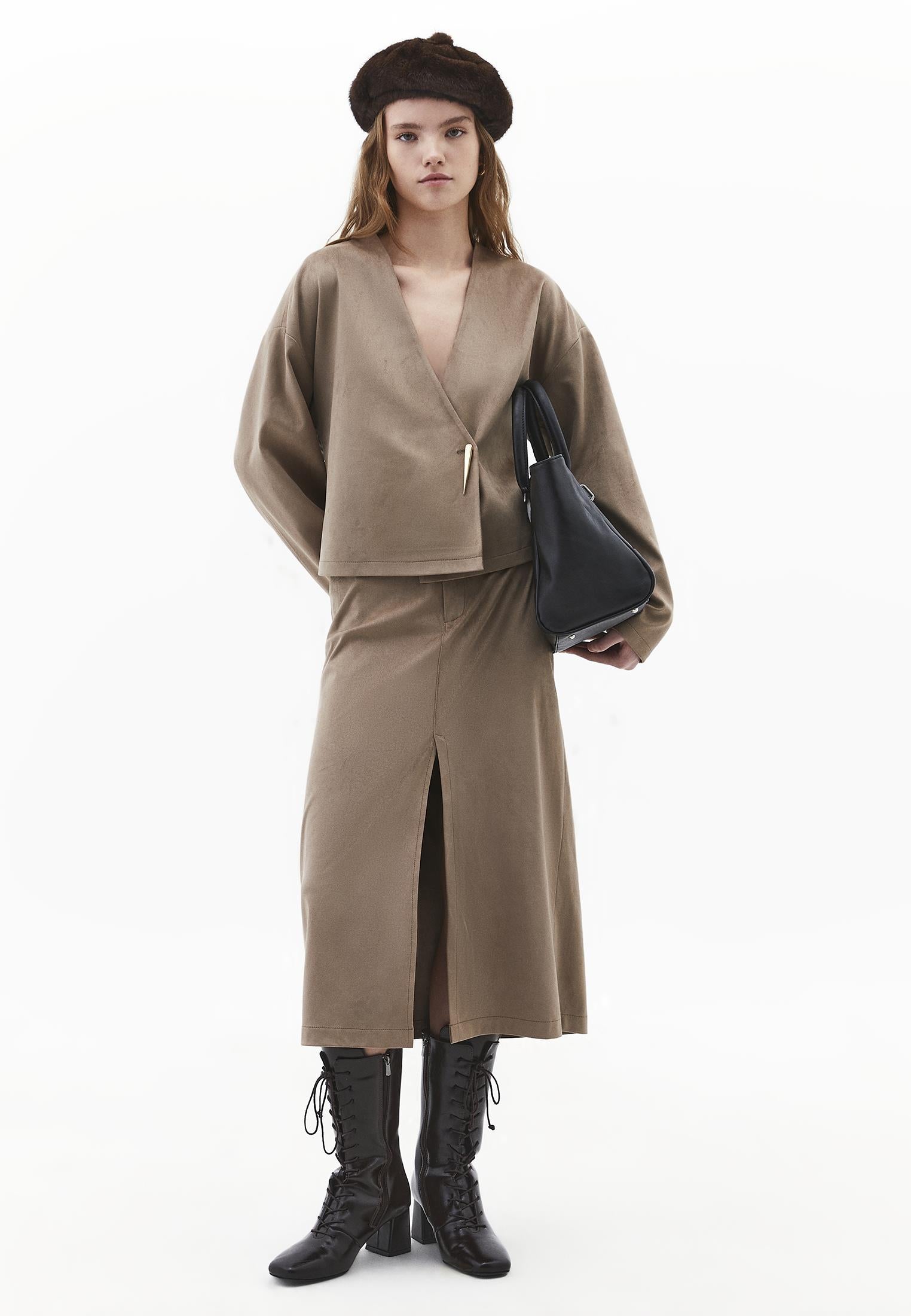 Slit Midi High Waist Skirt - DESERT TAUPE