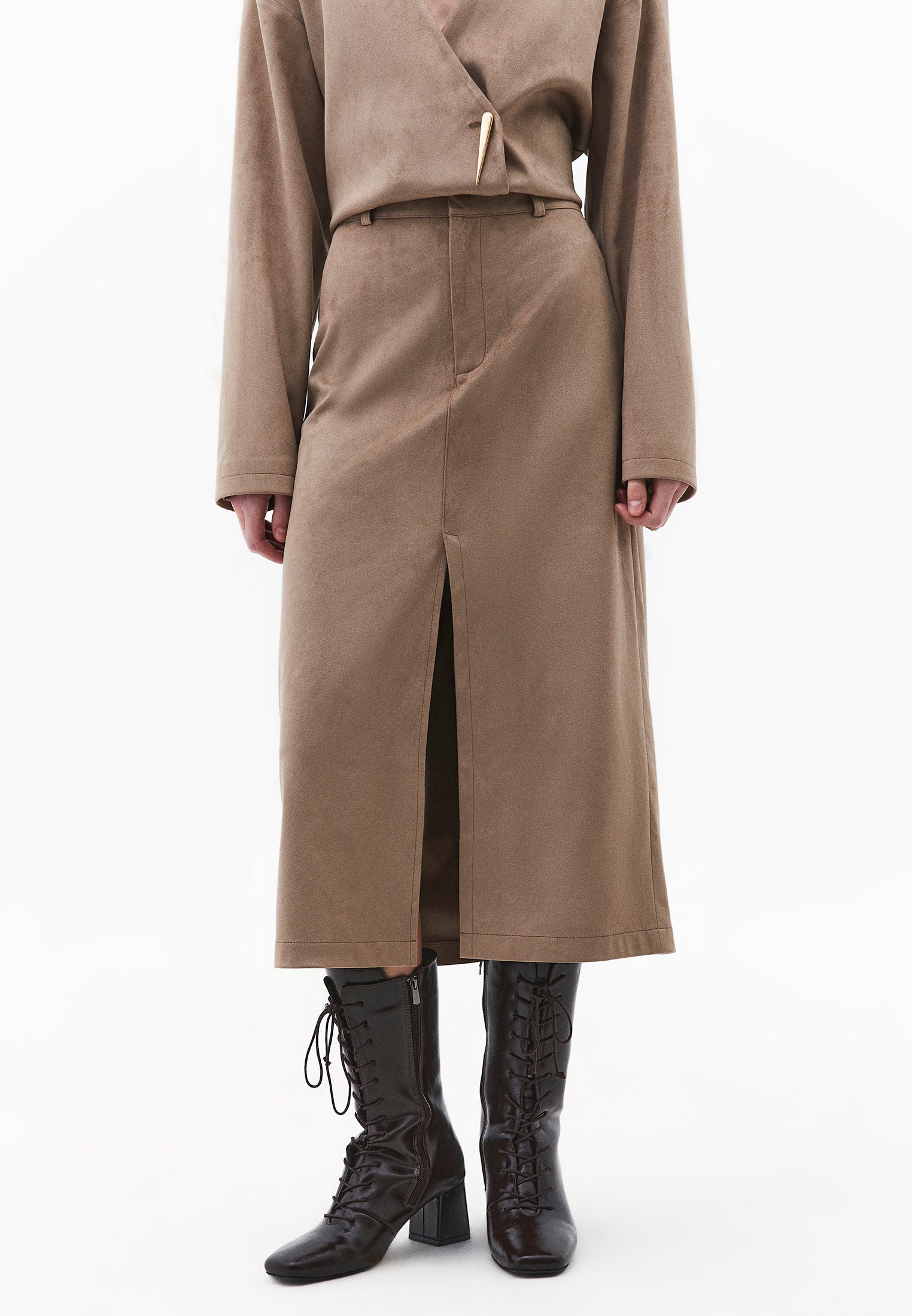 Slit Midi High Waist Skirt - DESERT TAUPE