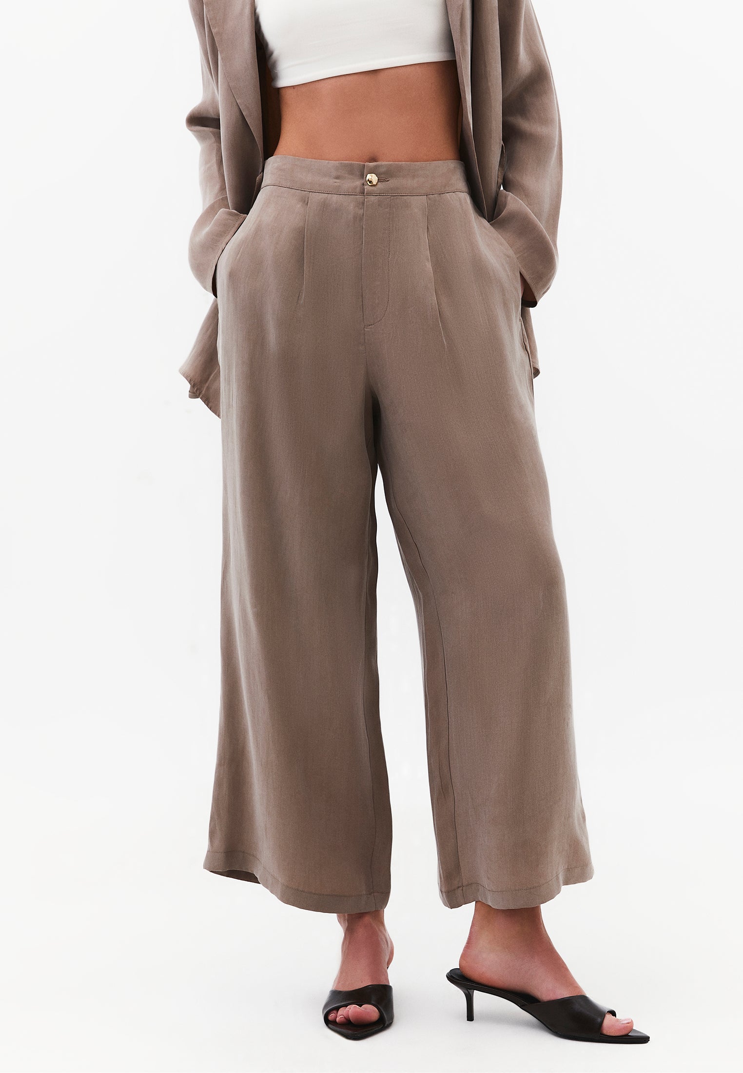 Ultra High Waist Straight Pants With Button Detail - DESERT TAUPE