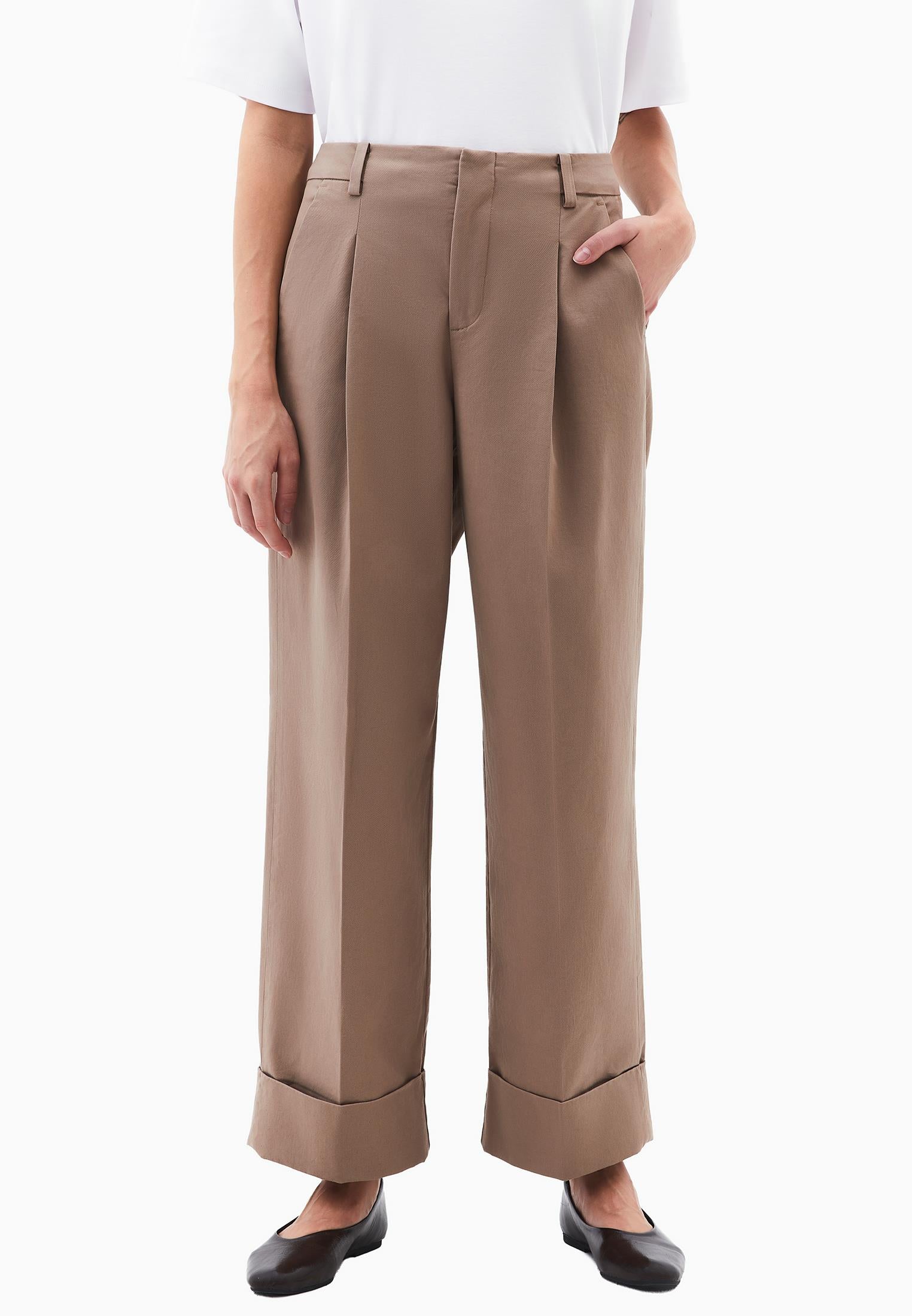 Pleated Ultra High Waist Straight Leg Women Pants - DESERT TAUPE