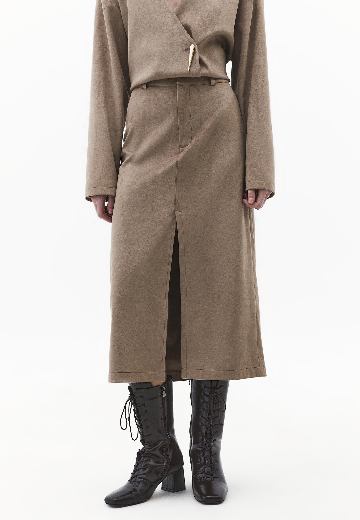 Slit Midi High Waist Skirt - DESERT TAUPE