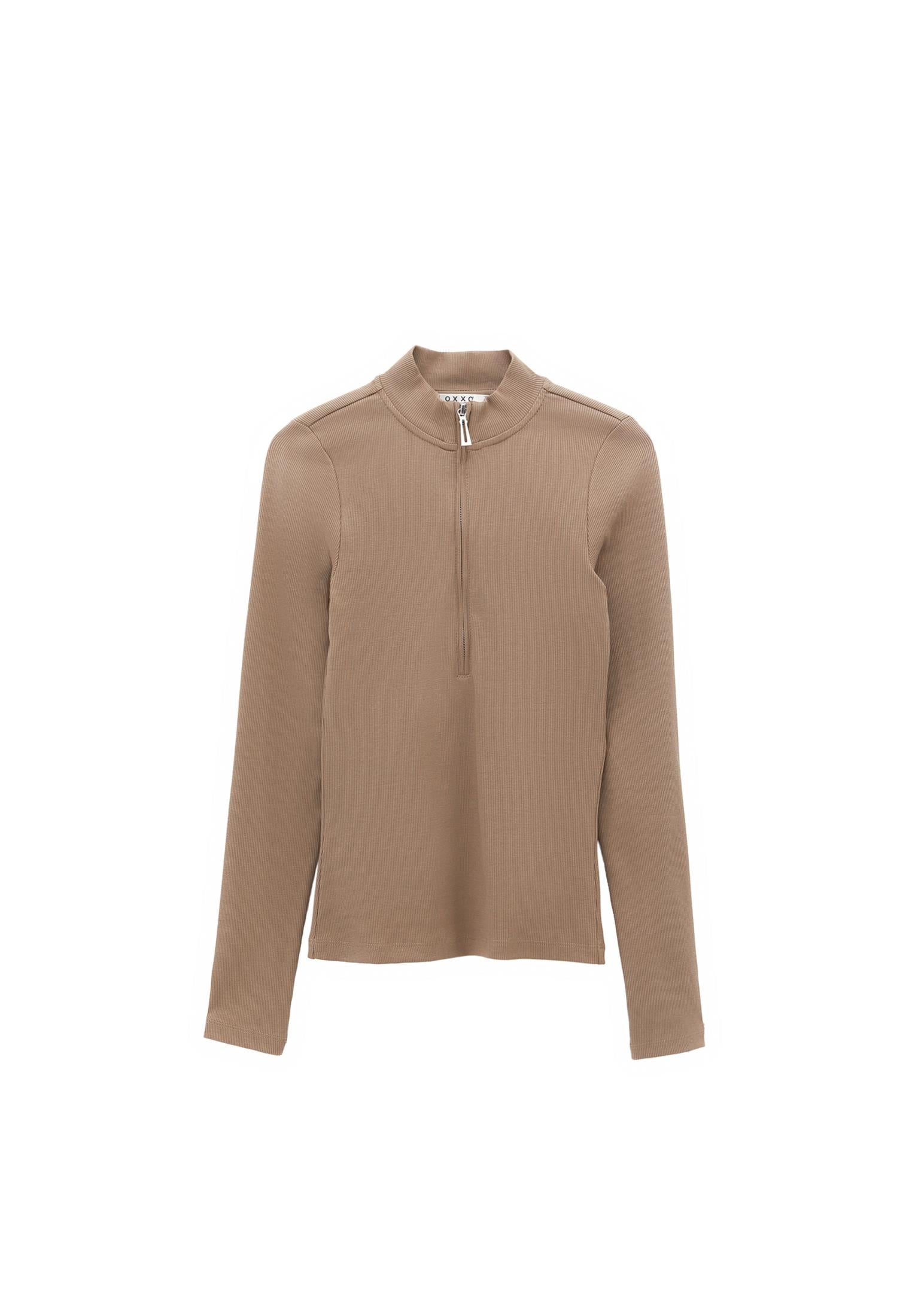 High Neck T-Shirt With Zipper Detail - DESERT TAUPE