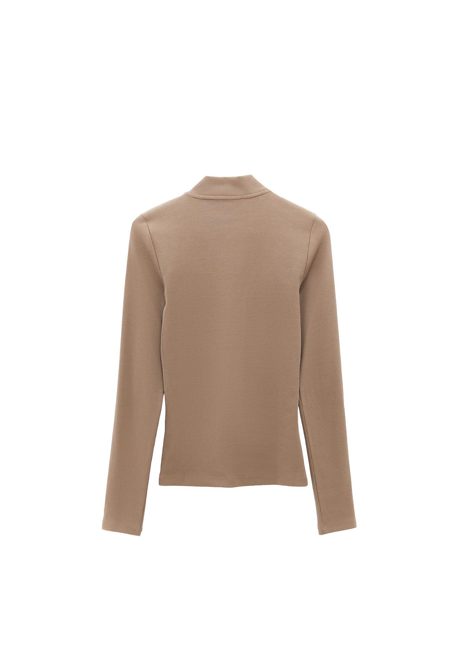 High Neck T-Shirt With Zipper Detail - DESERT TAUPE