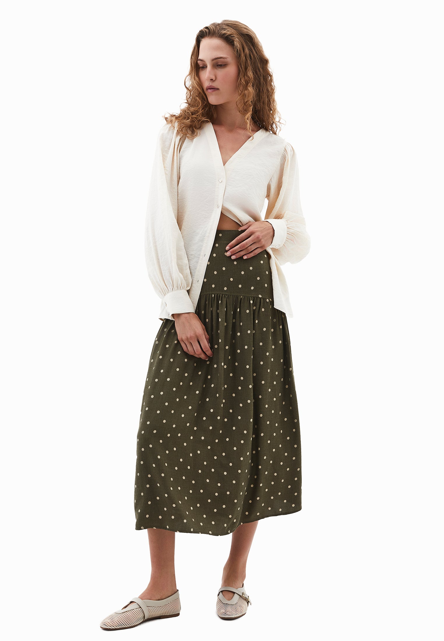 Printed Flared Midi Skirt - DOT COMB