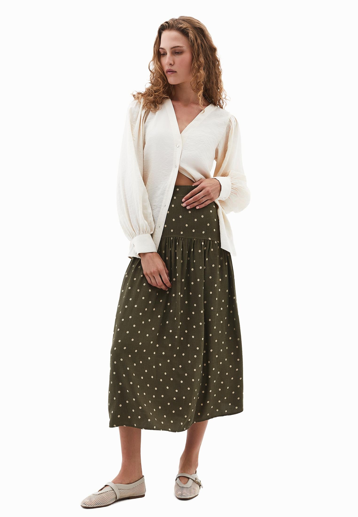 Printed Flared Midi Skirt - DOT COMB