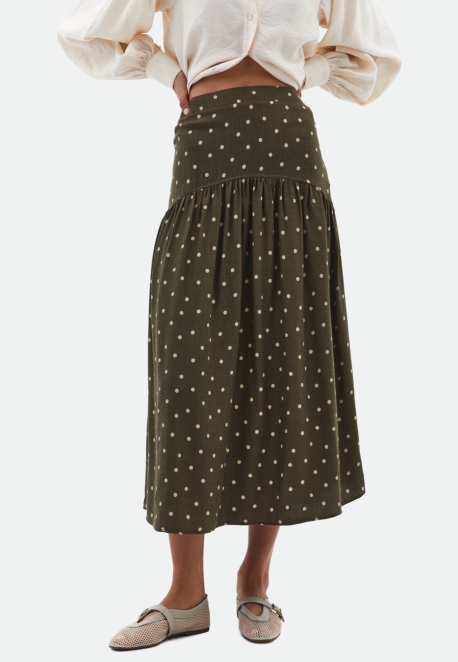 Printed Flared Midi Skirt - DOT COMB