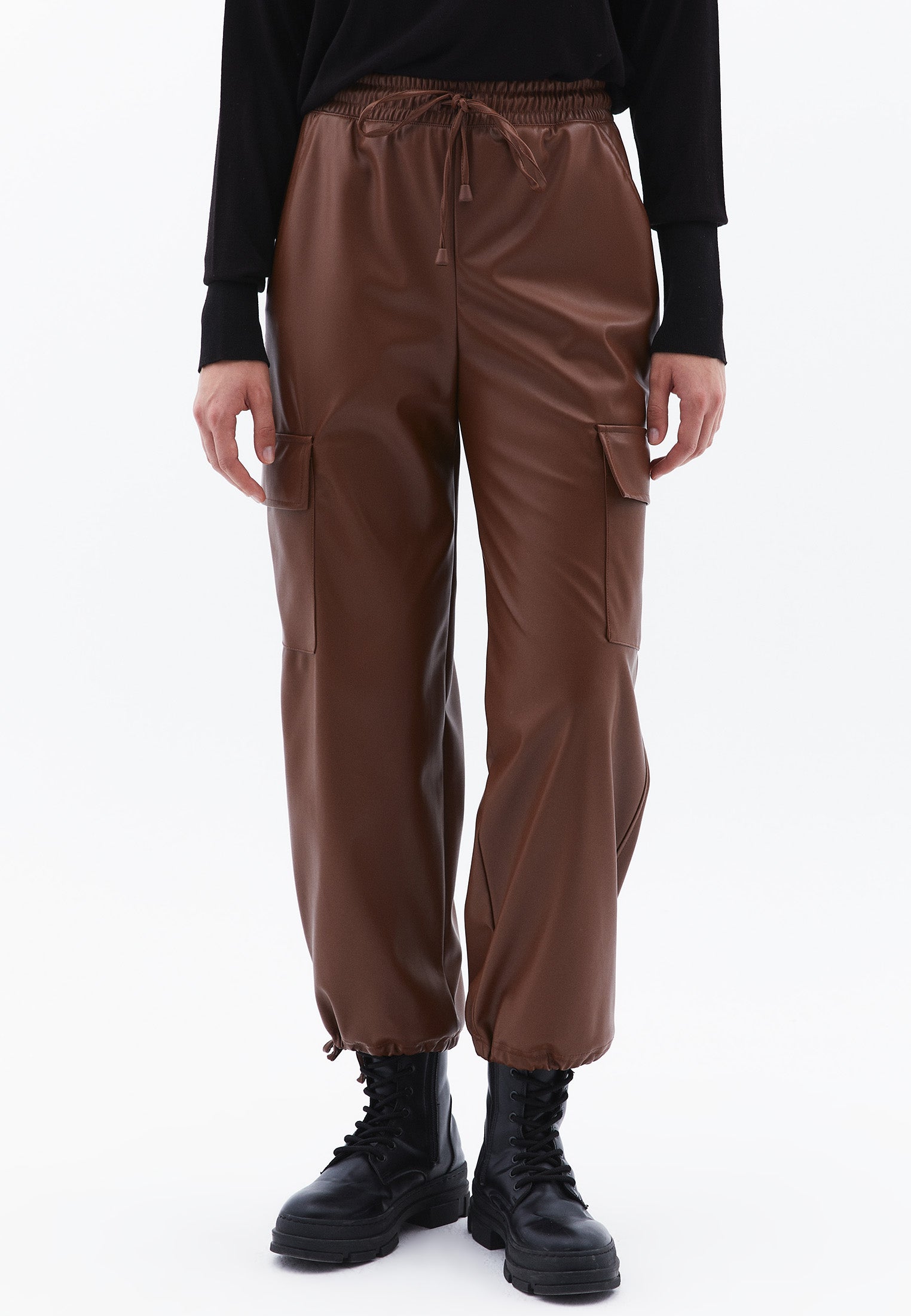 Jogger High Waist Leather Pants - DOWNTOWN BROWN