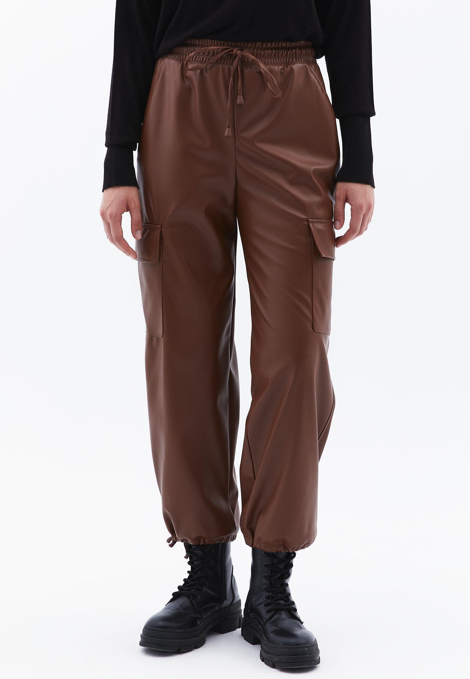 Jogger High Waist Leather Pants - DOWNTOWN BROWN