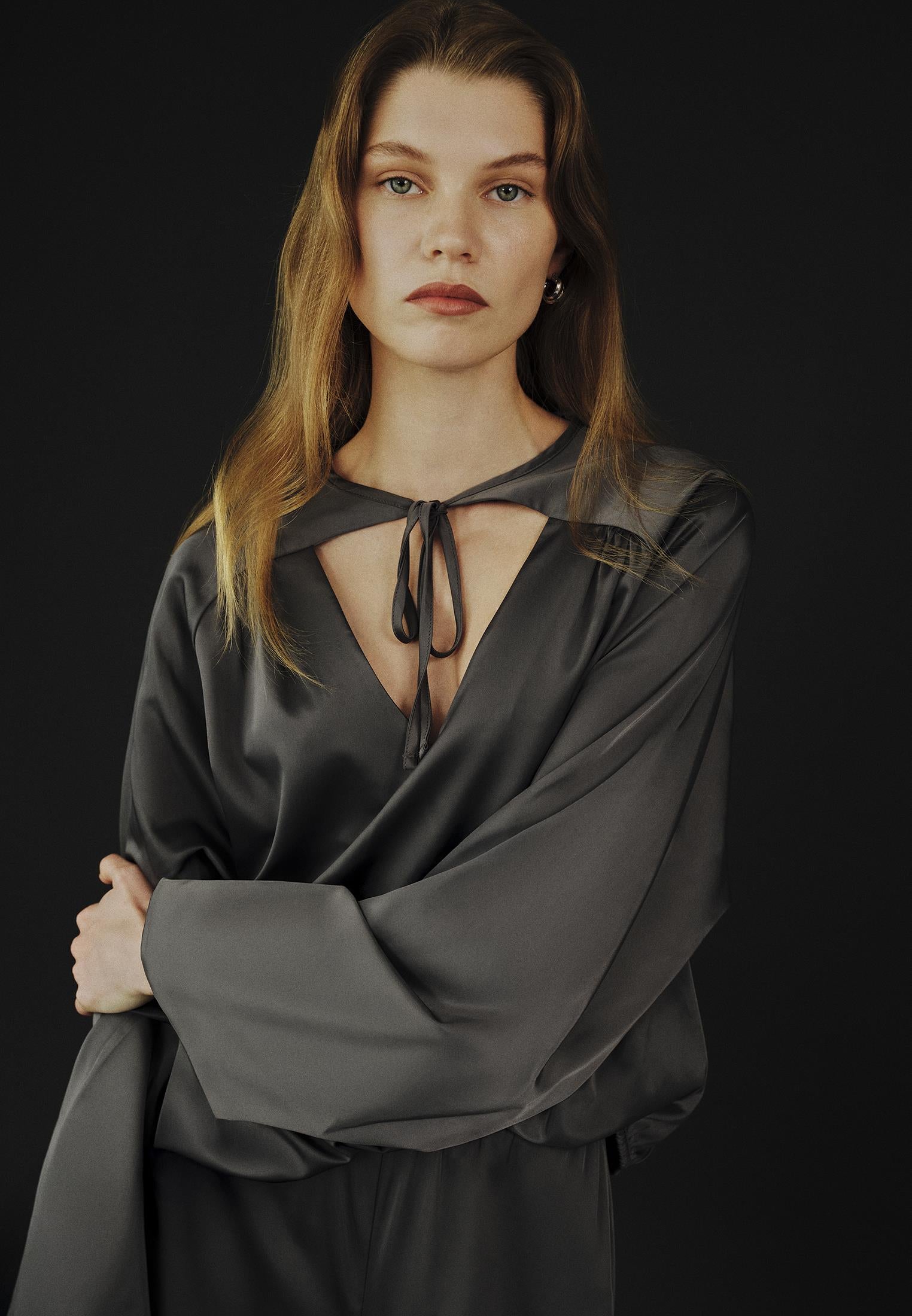 V-Neck Tie Long Sleeve Blouse - EIFFEL TOWER