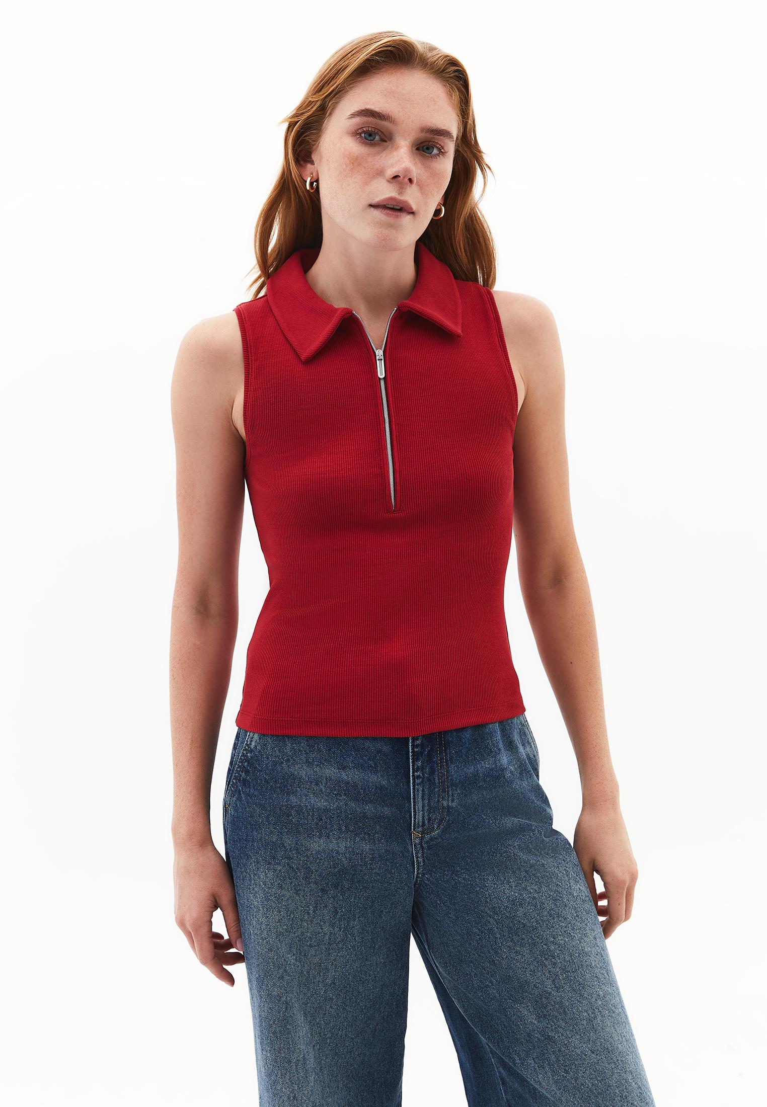 Zip Detailed Polo Collar Tank Top - EMBOLDENED