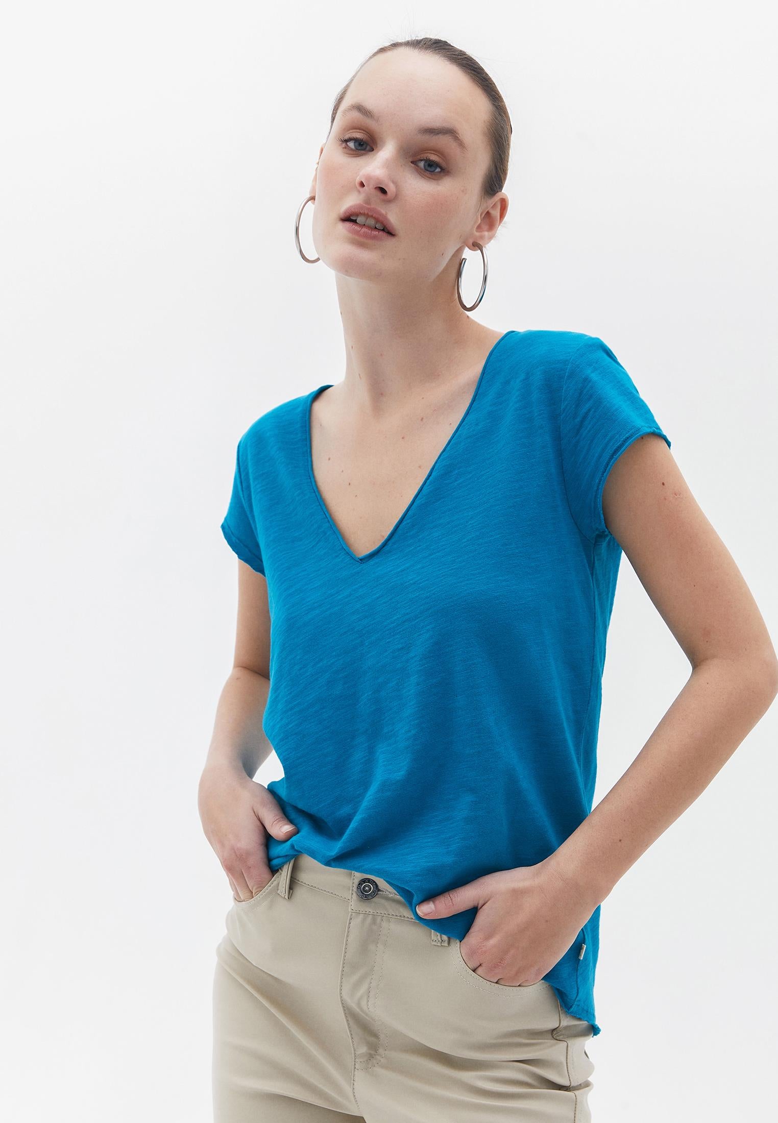 V Neck Loose T-Shirt - ENAMEL BLUE