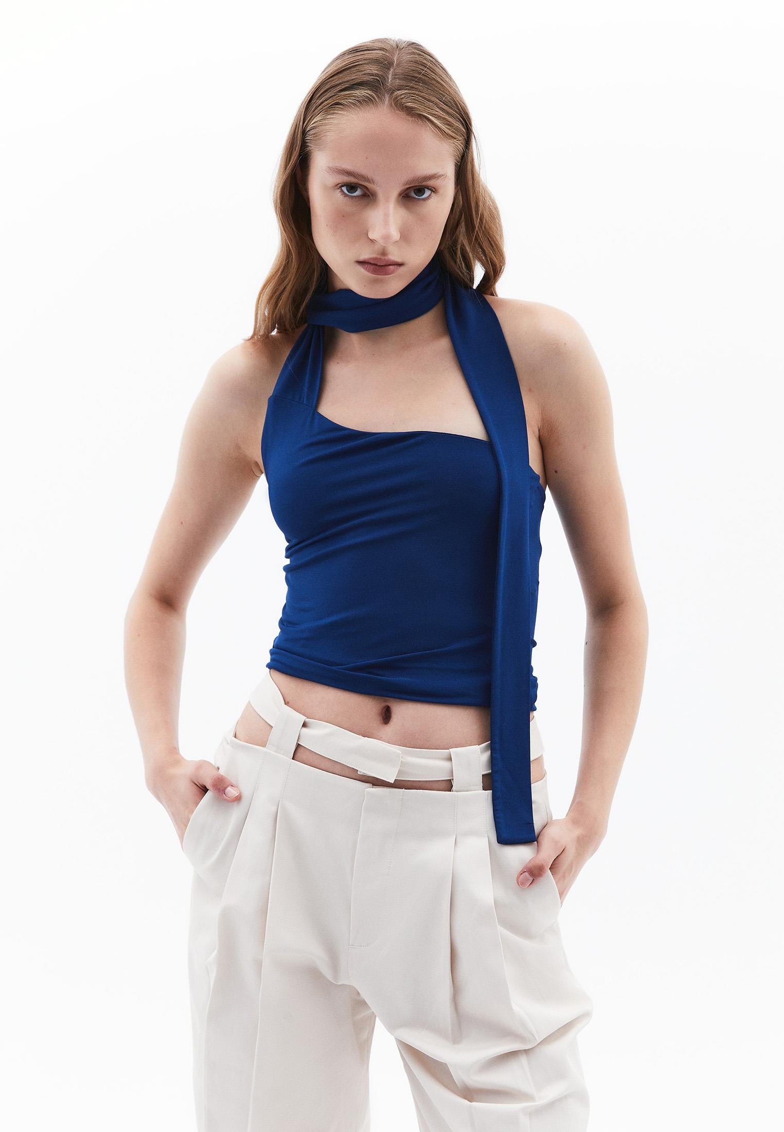 Asymmetric Balloon Sleeve Tank Top - ESTATE BLUE