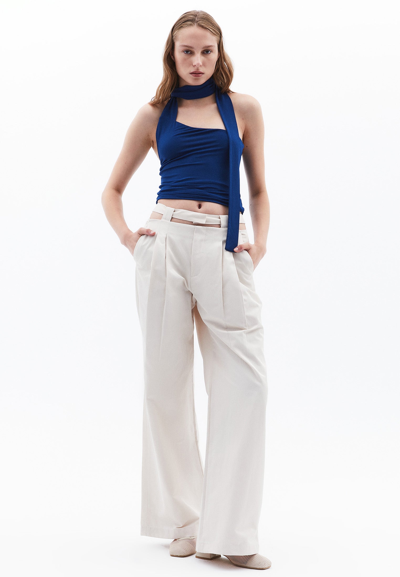 Asymmetric Balloon Sleeve Tank Top - ESTATE BLUE