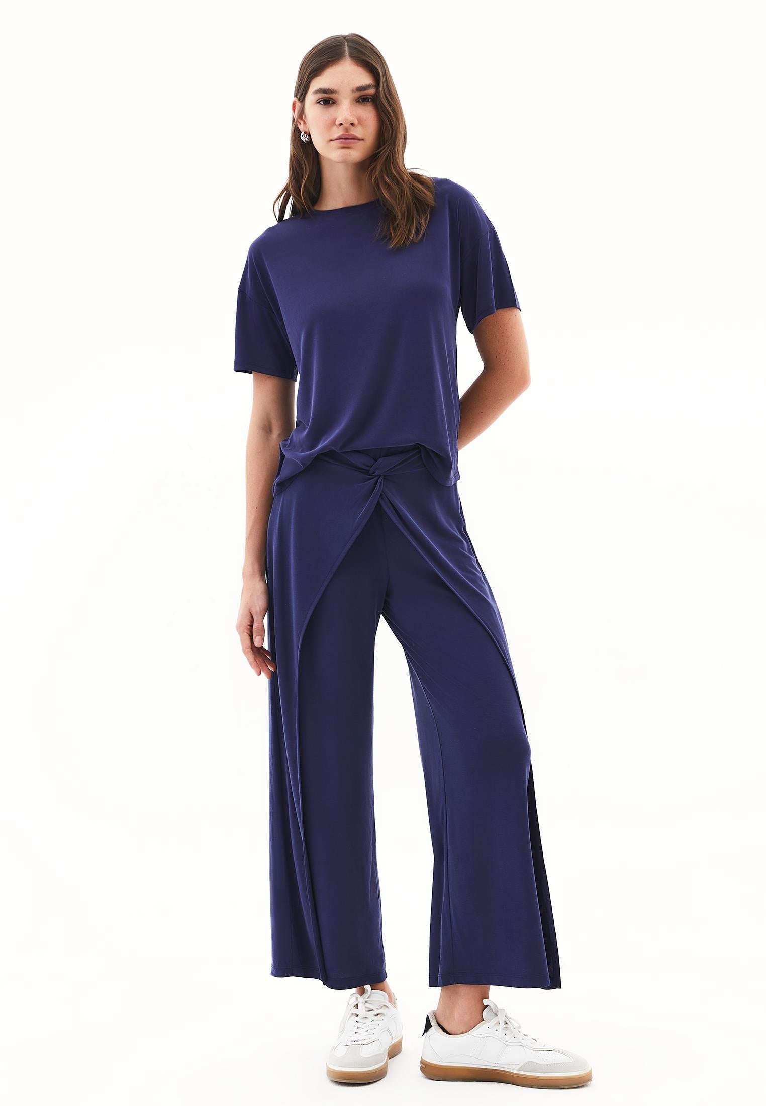 Wide Leg Regular Waist Elastic Waistband Pants - EVENING BLUE