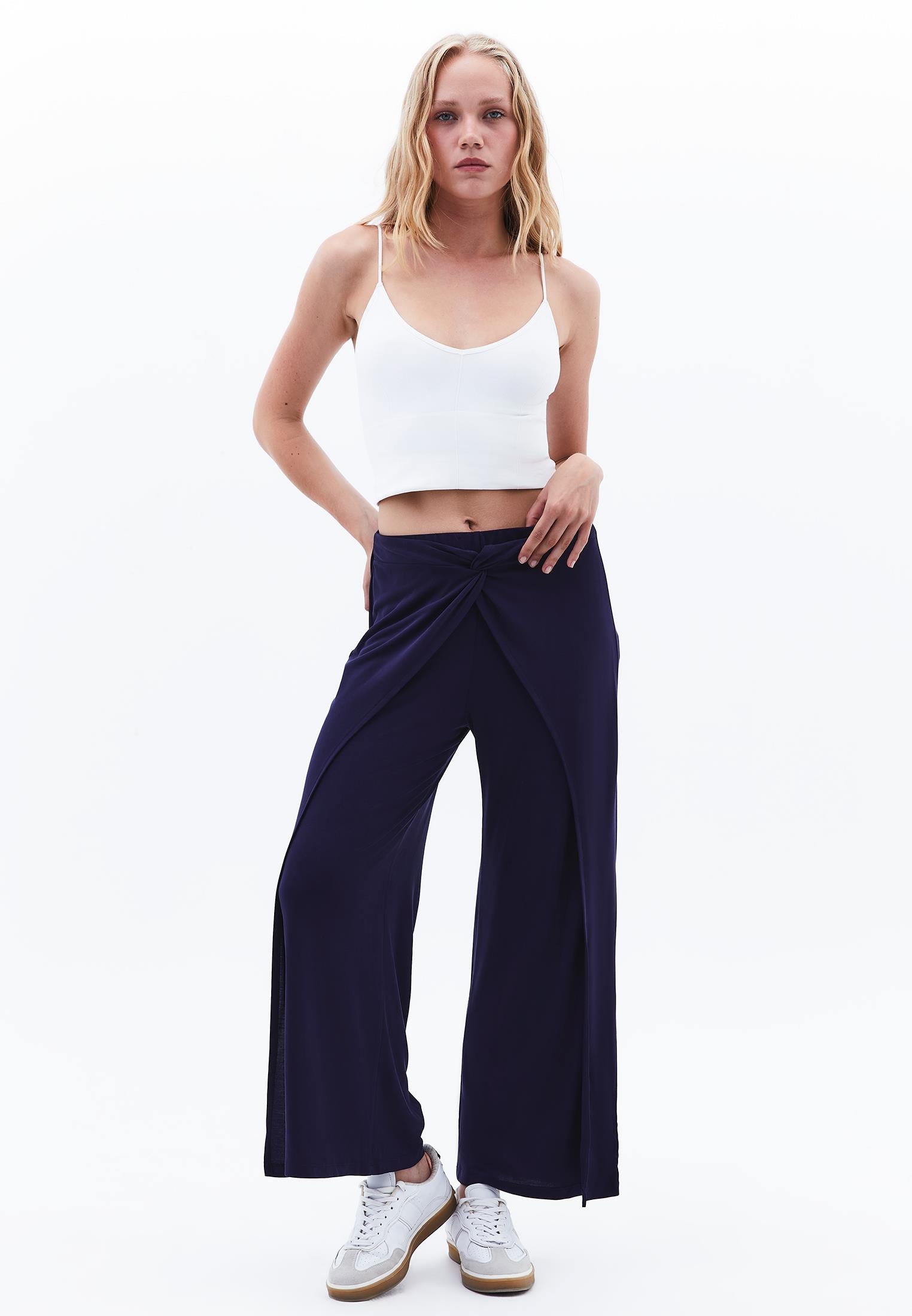 Wide Leg Regular Waist Trousers - EVENING BLUE