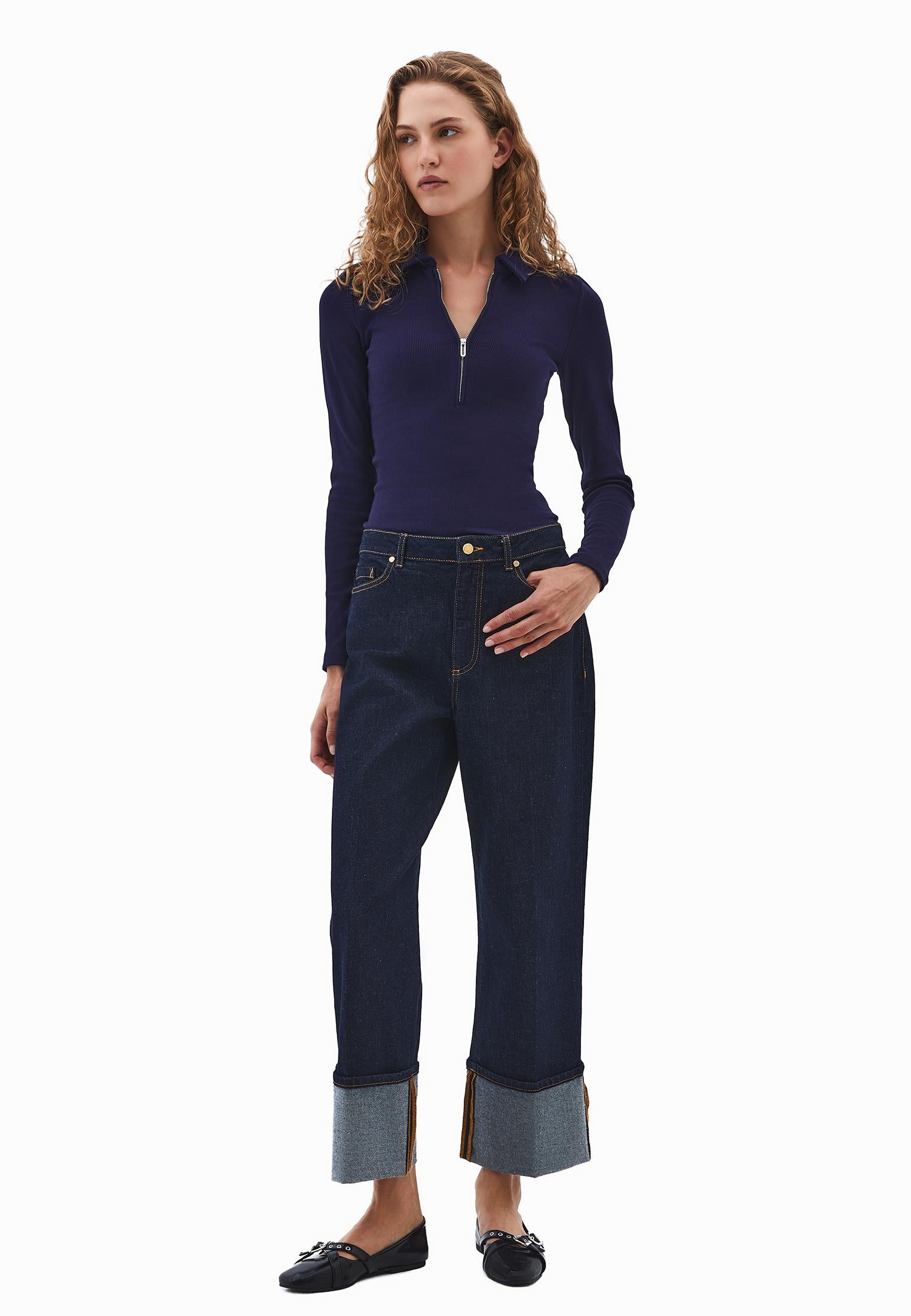 Polo Collar Long Sleeve T-Shirt With Zipper Detail - EVENING BLUE